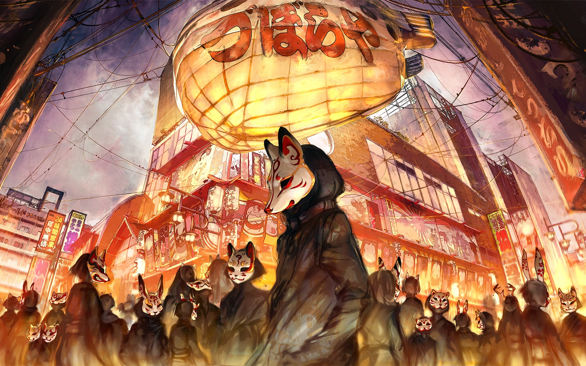 anime, paper lantern, city, Yuumei, crowds, mask, hoods Gallery HD Wallpaper