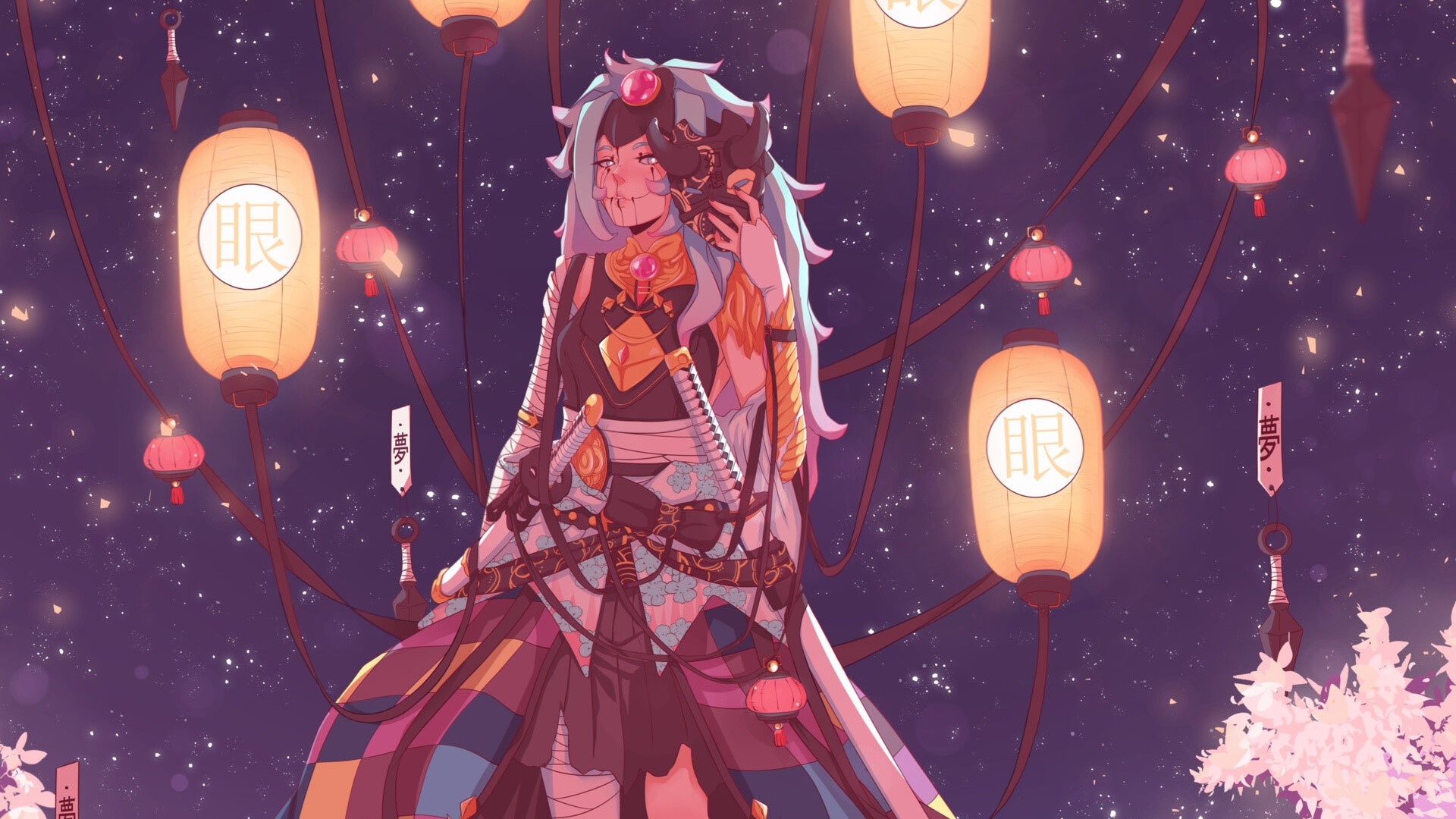 Wallpaper / anime, anime girls, fantasy art, fantasy girl, katana, lantern, mask free download