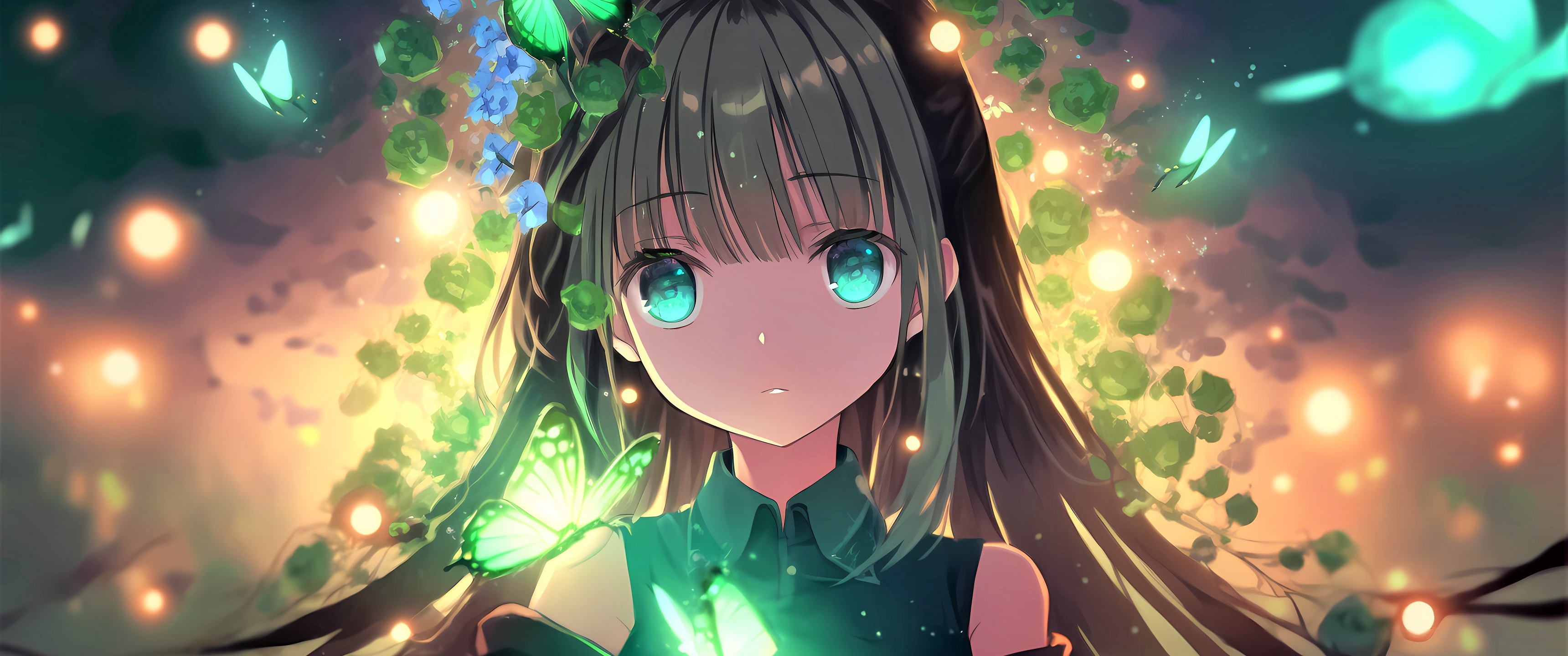 Anime girl Wallpaper 4K, Green eyes, Girly background