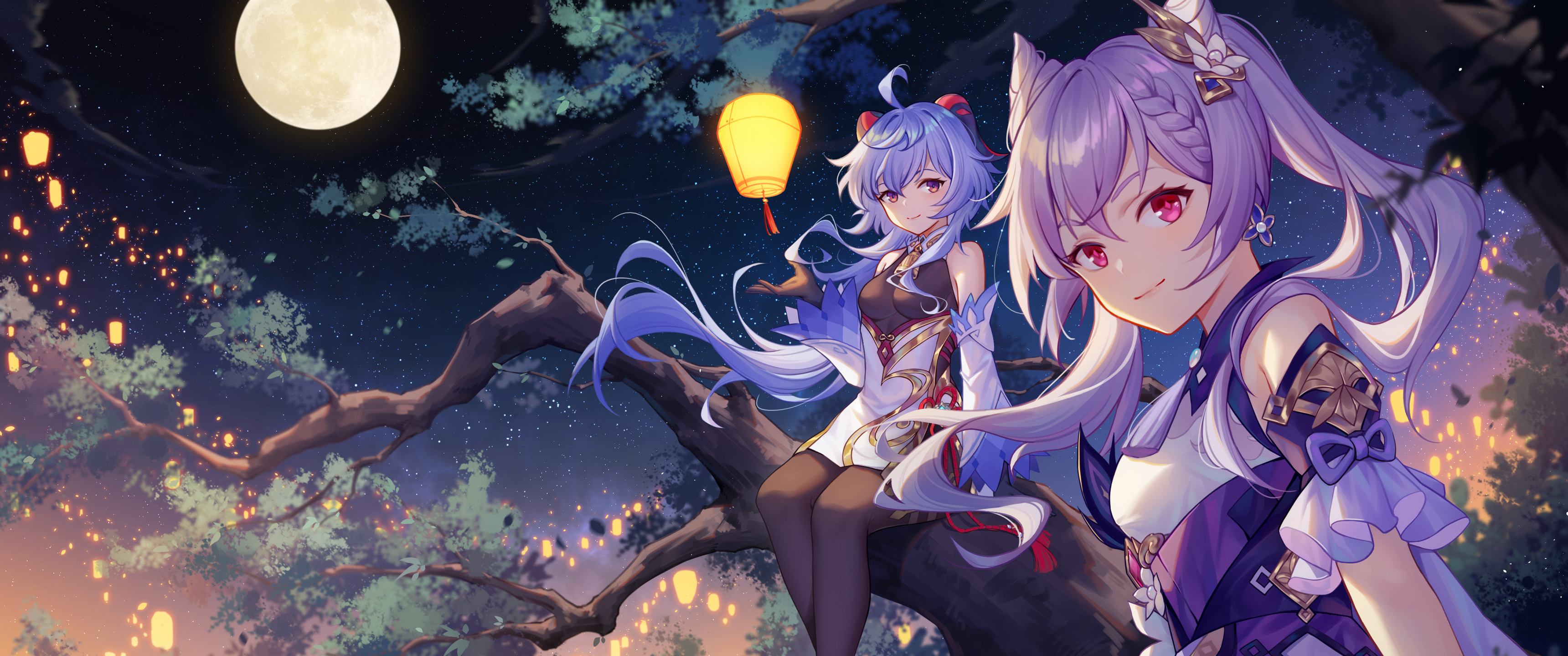 Panpanmeiyou Hp, blue hair, purple hair, Genshin Impact, Ganyu (Genshin Impact), Keqing (Genshin Impact), anime girls, artwork, night, treesx1440 Wallpaper
