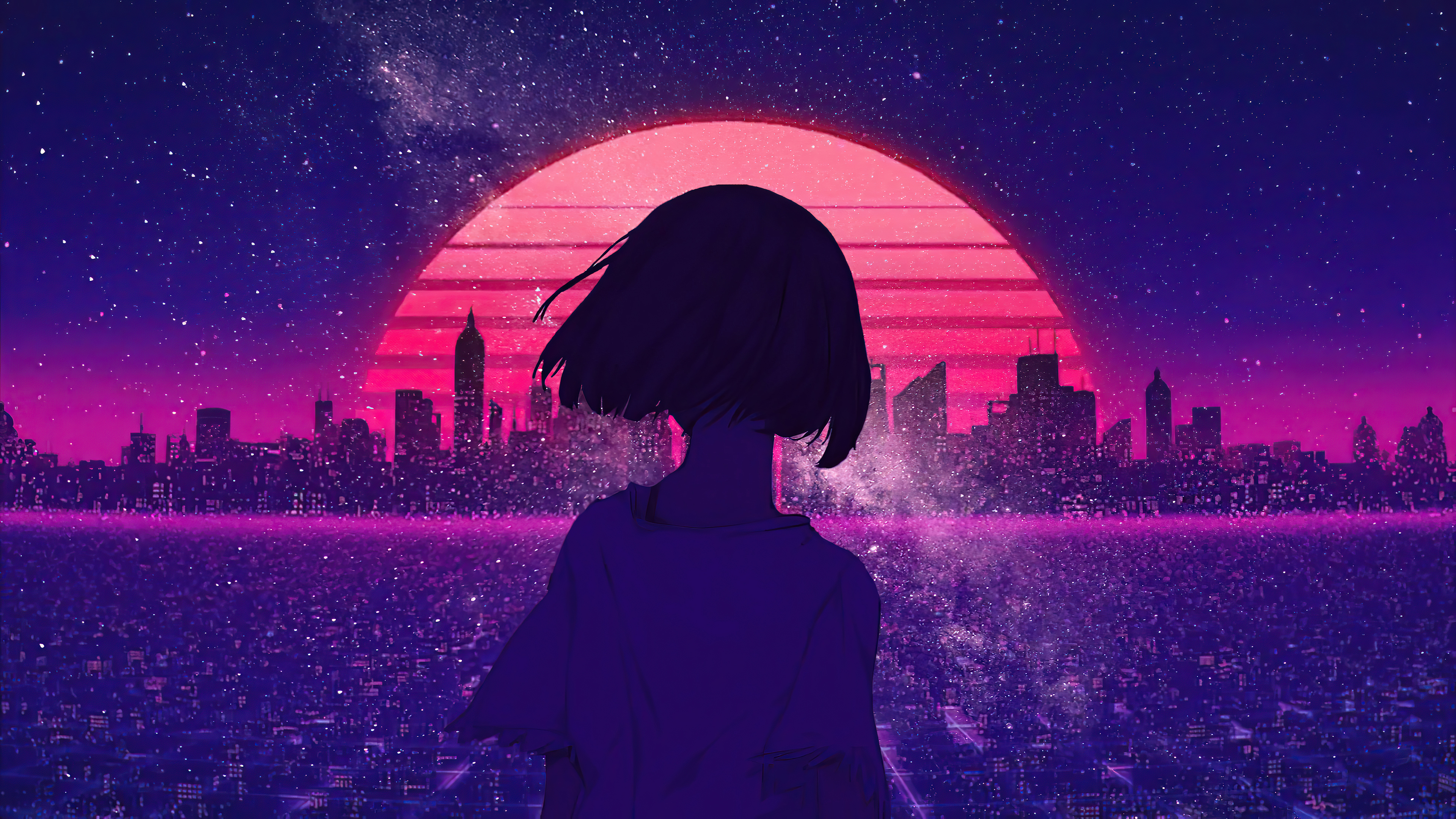 Wallpaper 4k Synthwave Night Sunset Anime Girl 4k Wallpaper