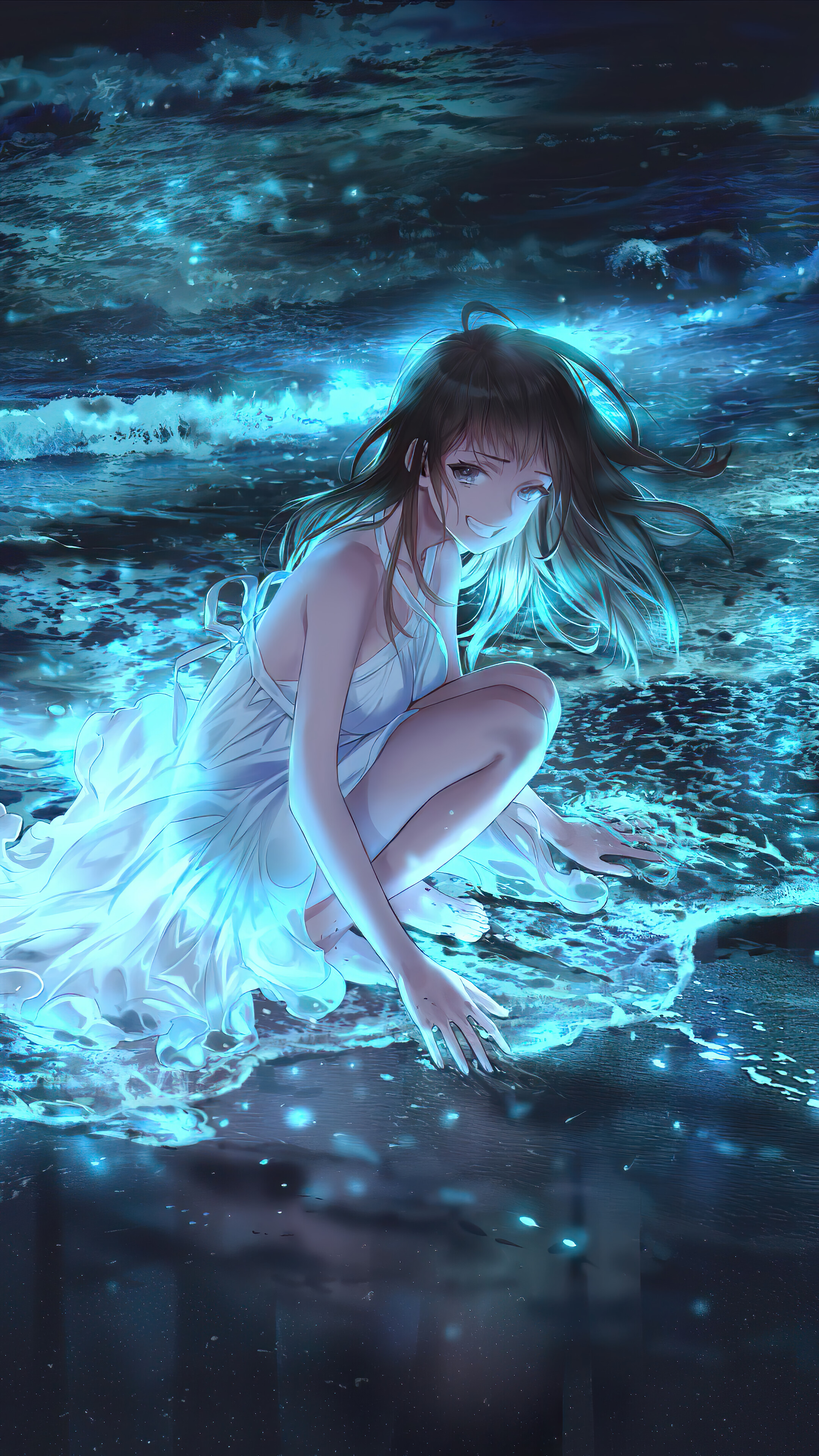 Anime, Girl, Night, Beach, 4k Gallery HD Wallpaper