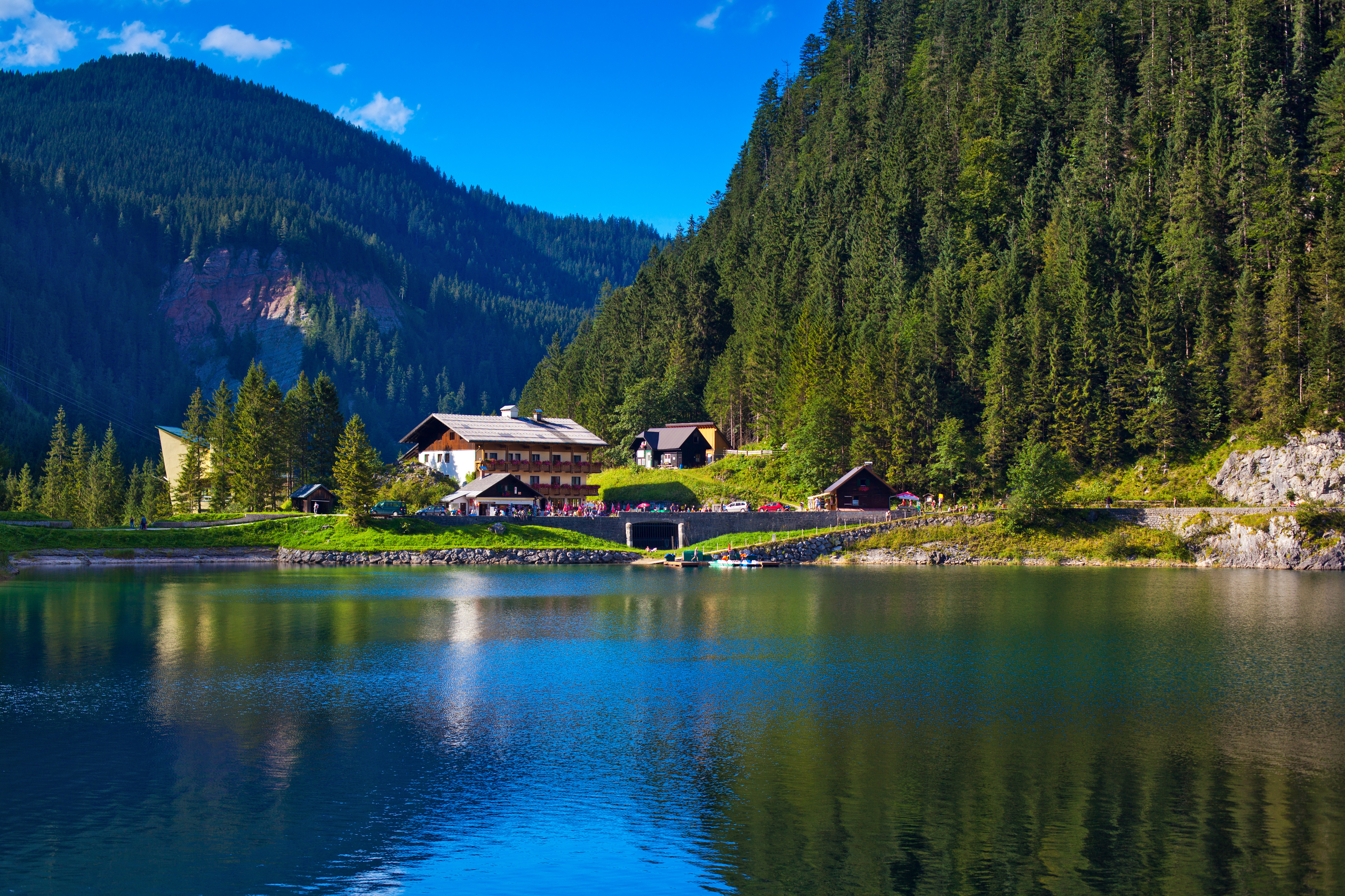 Austria, 4K, Lake house, Alps mountains Gallery HD Wallpaper