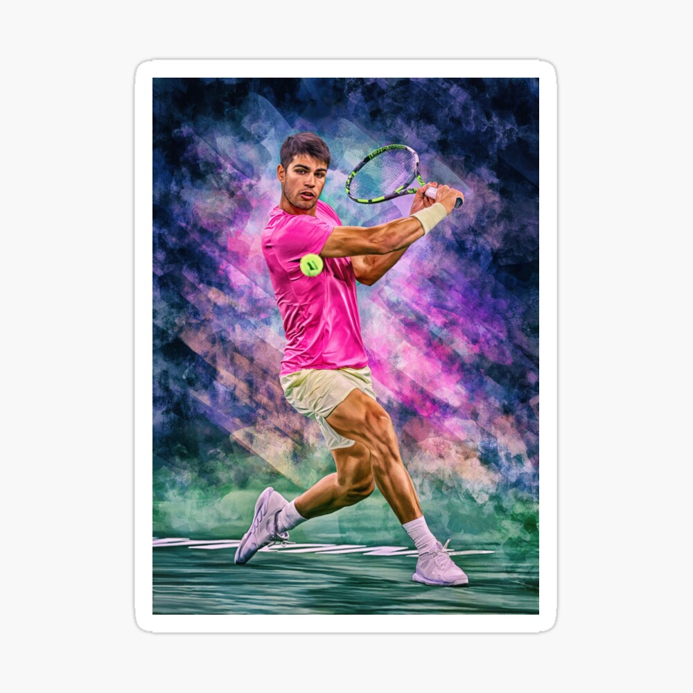 Carlos Alcaraz plays backhand at Indian Wells 2023. Digital artwork print wall poster. Tennis fan art gift. Poster