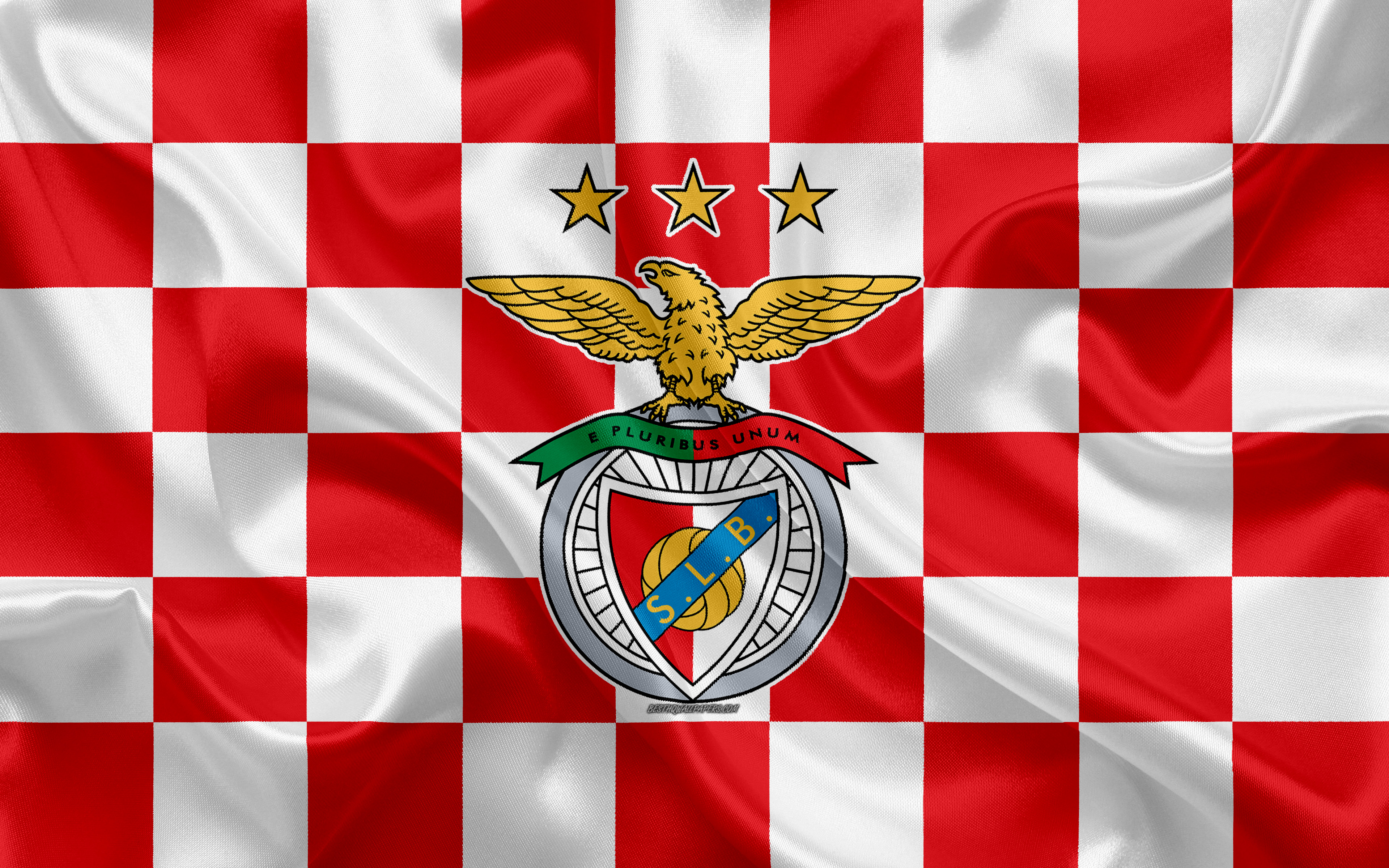 Download wallpaper SL Benfica, 4k, logo, creative art, red and white checkered flag, Portuguese football club, Primeira Liga, Liga NOS, emblem, silk texture, Lisbon, Portugal, football, Benfica FC for desktop with resolution