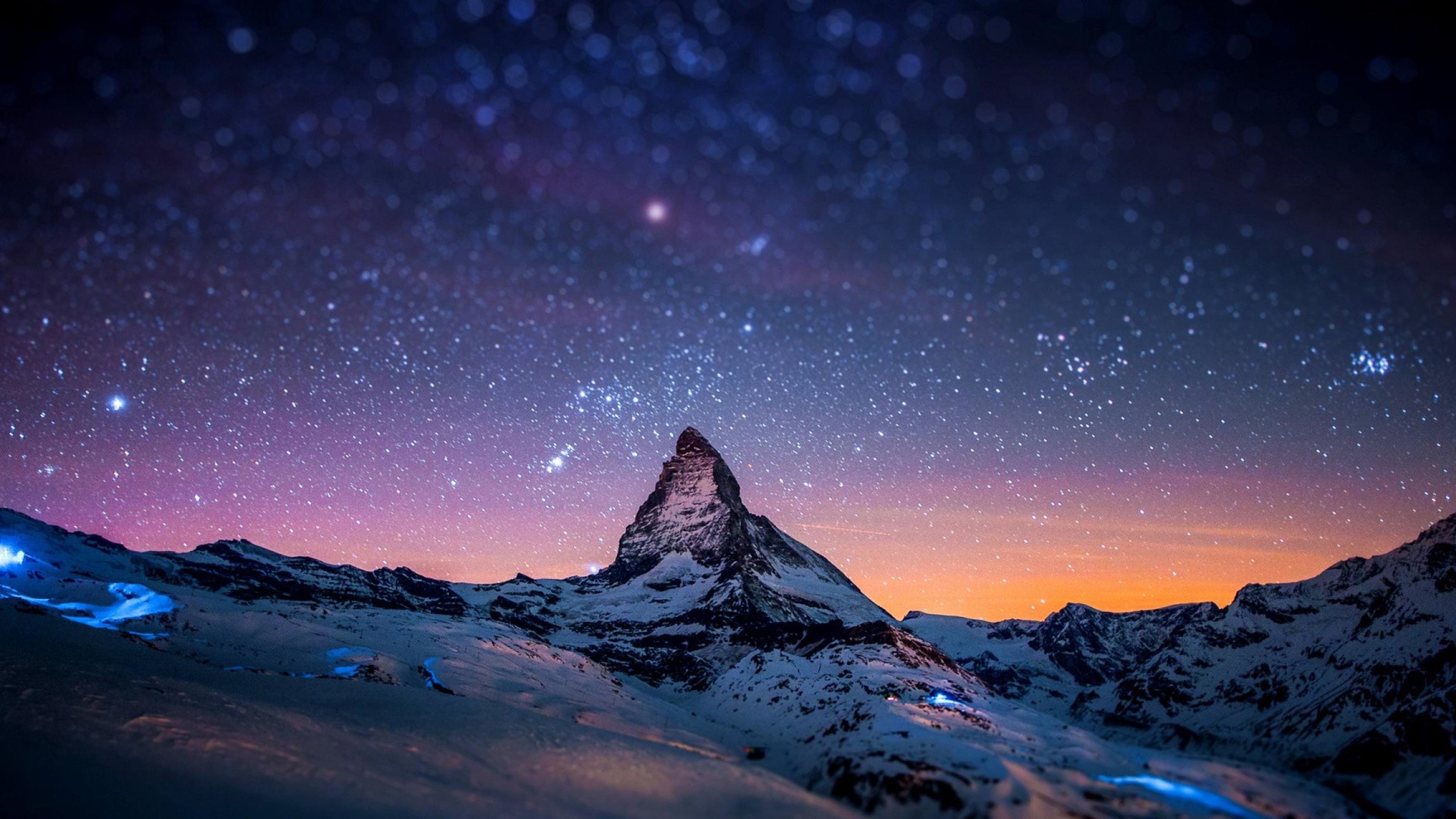 Snow mountains night sky stars 4K HD Desktop