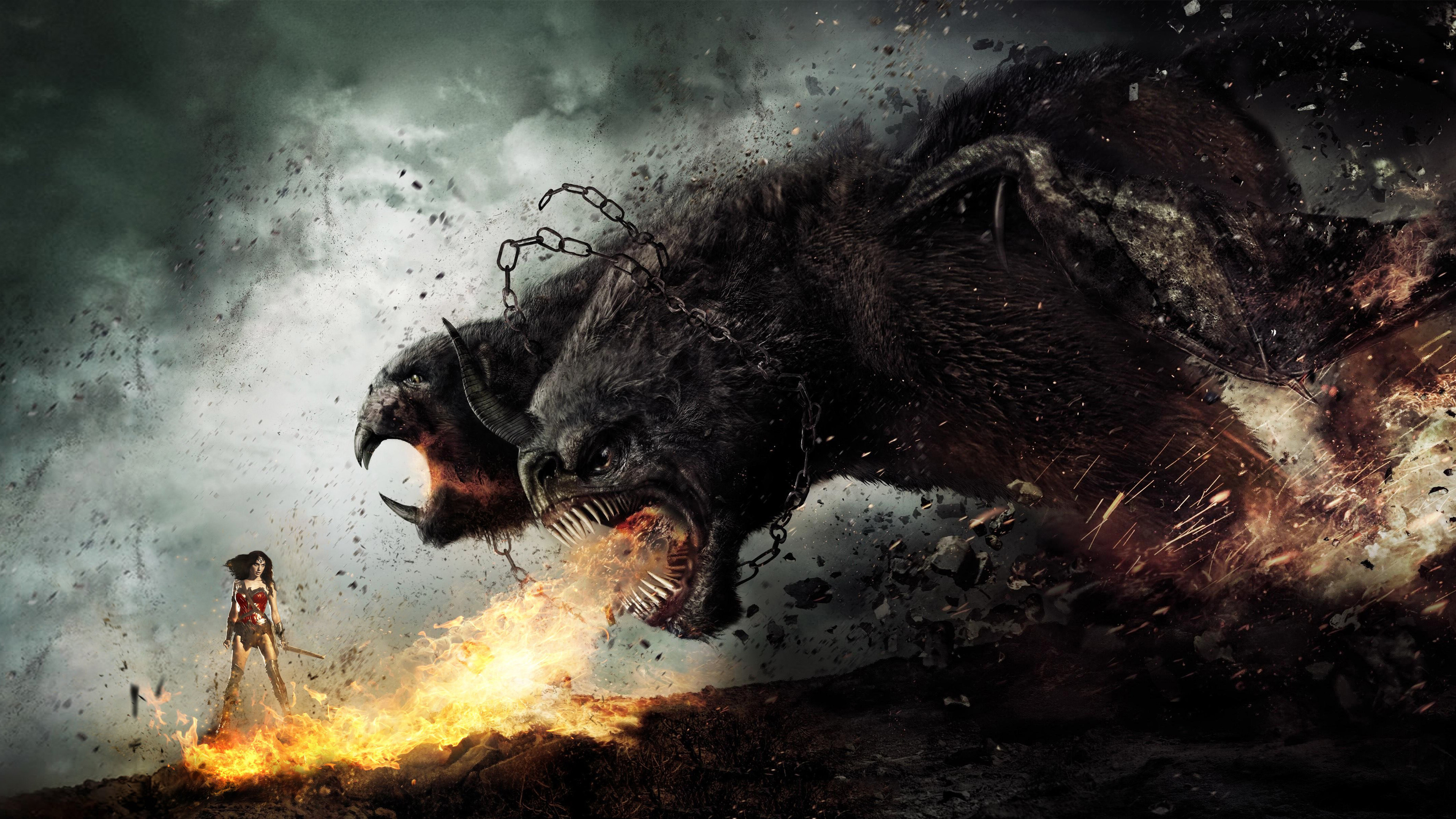 Wallpaper 4k Wonder Woman Fighting With Monsters Wallpaper