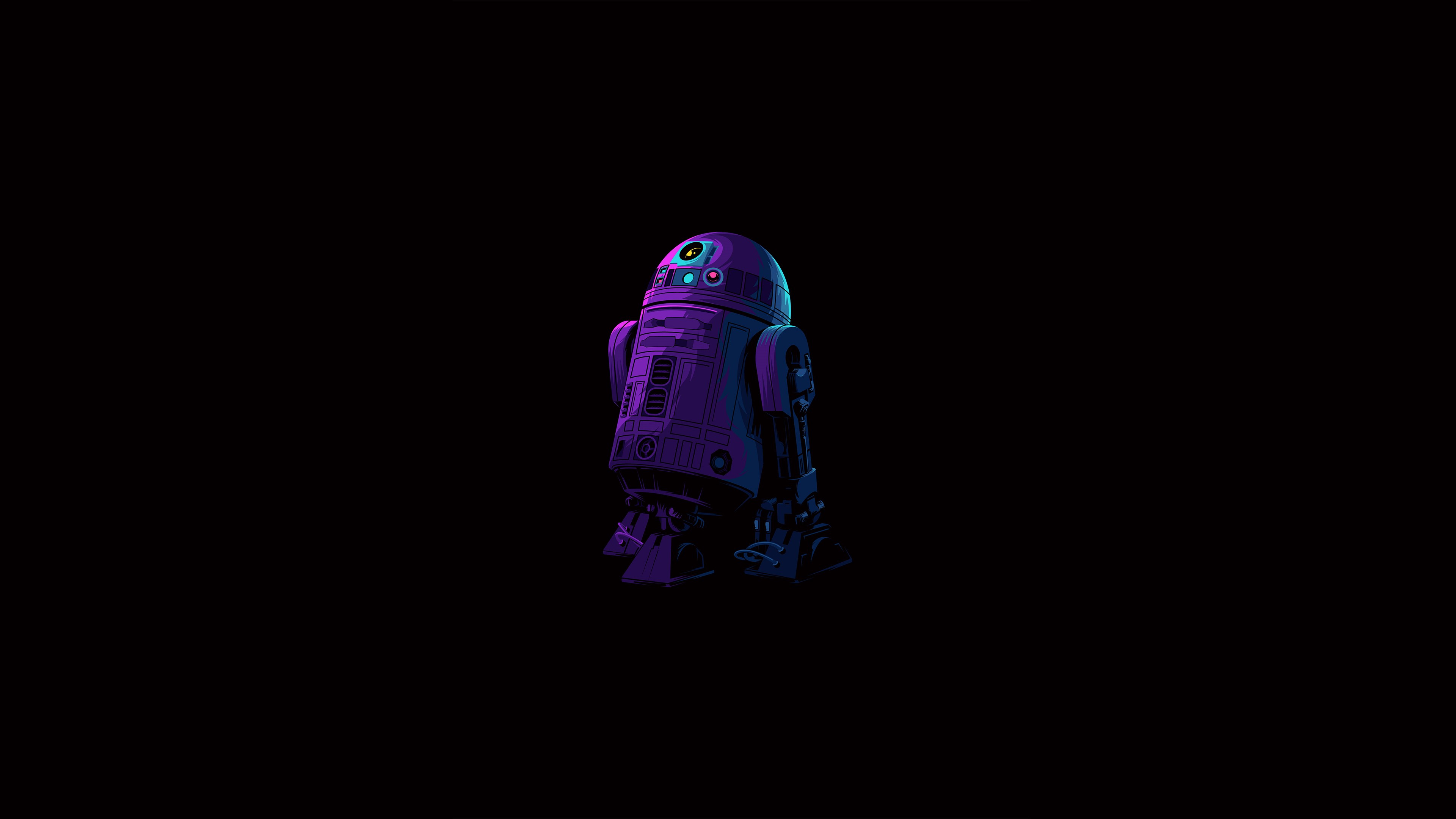 4K, Illustration, R2 D2, Simple, Character Design, Purple, Dark, Black Background, Dark Background, Fictional, Simple Background, Fictional Character, Artwork, Colorful, Black, Minimalism, Robot Gallery HD Wallpaper