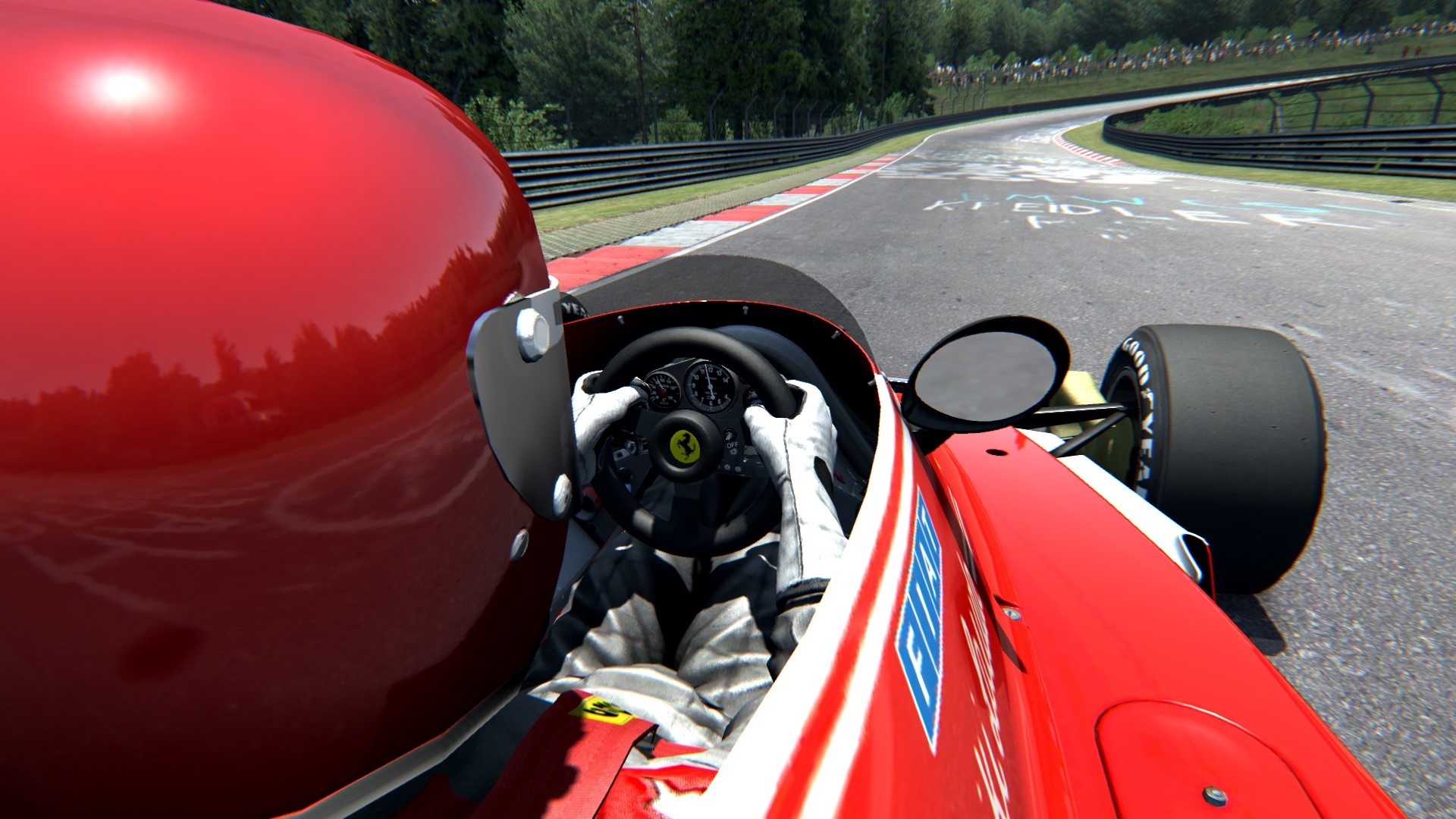 cockpit, Ferrari, Formula 1, racing, Assetto Corsa, Nürburgring, helmet, Cockpits (Racing Cars), Nordschleife, PC gaming Gallery HD Wallpaper