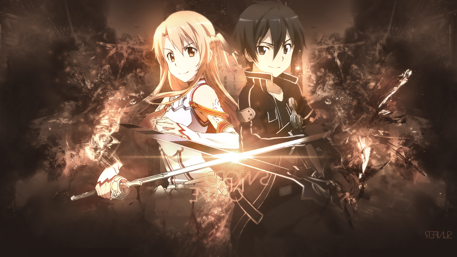Wallpaper, long hair, anime, space, sky, Sword Art Online, dark hair, sword, orange eyes, black eyes, darkness, screenshot, graphics, 1920x1080 px, computer wallpaper, Orange Hair, phenomenon, cg artwork 1920x1080