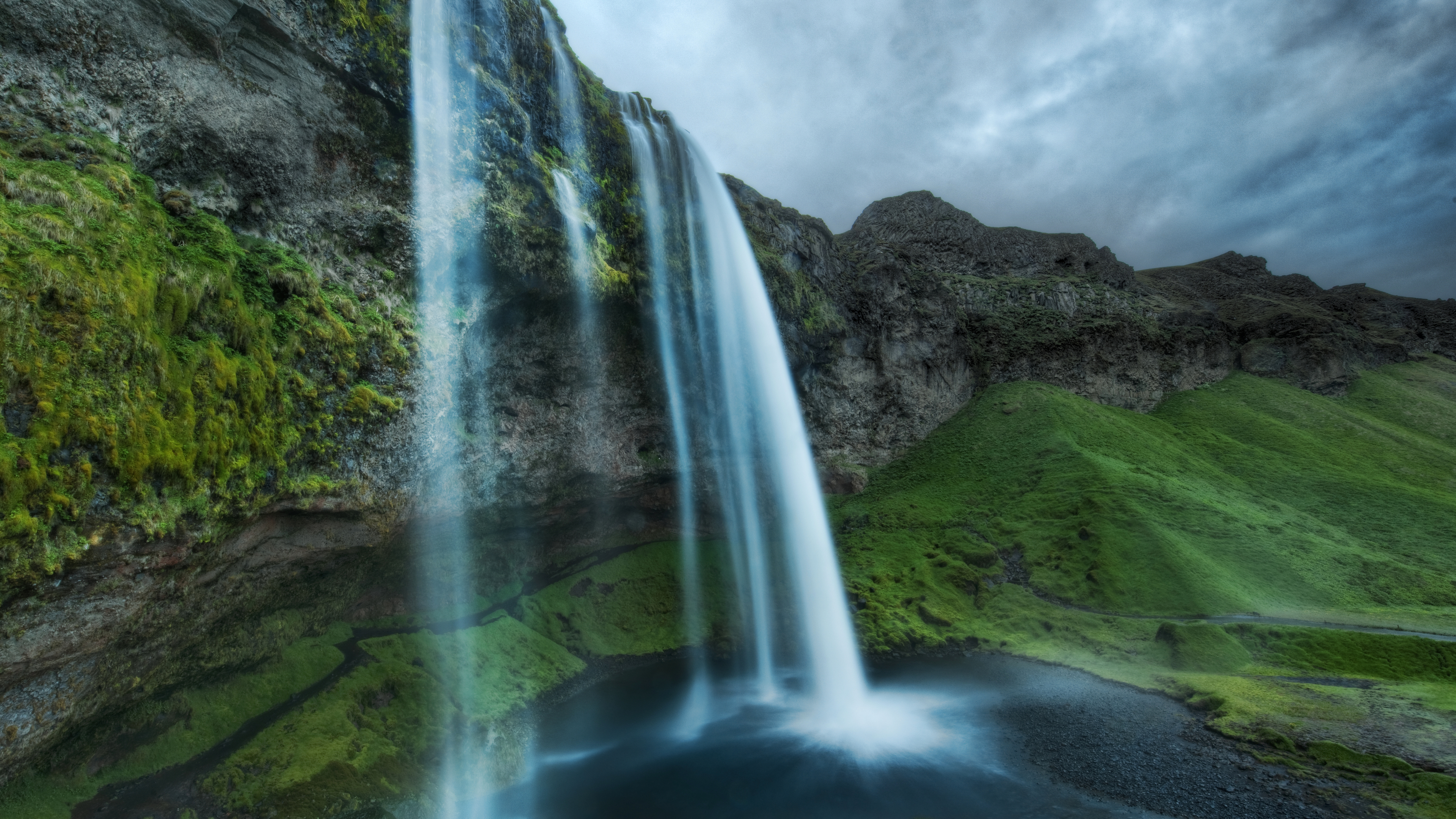 Wallpaper, landscape, 4k, waterfall, midnight, clouds, rocks, Iceland 3840x2160