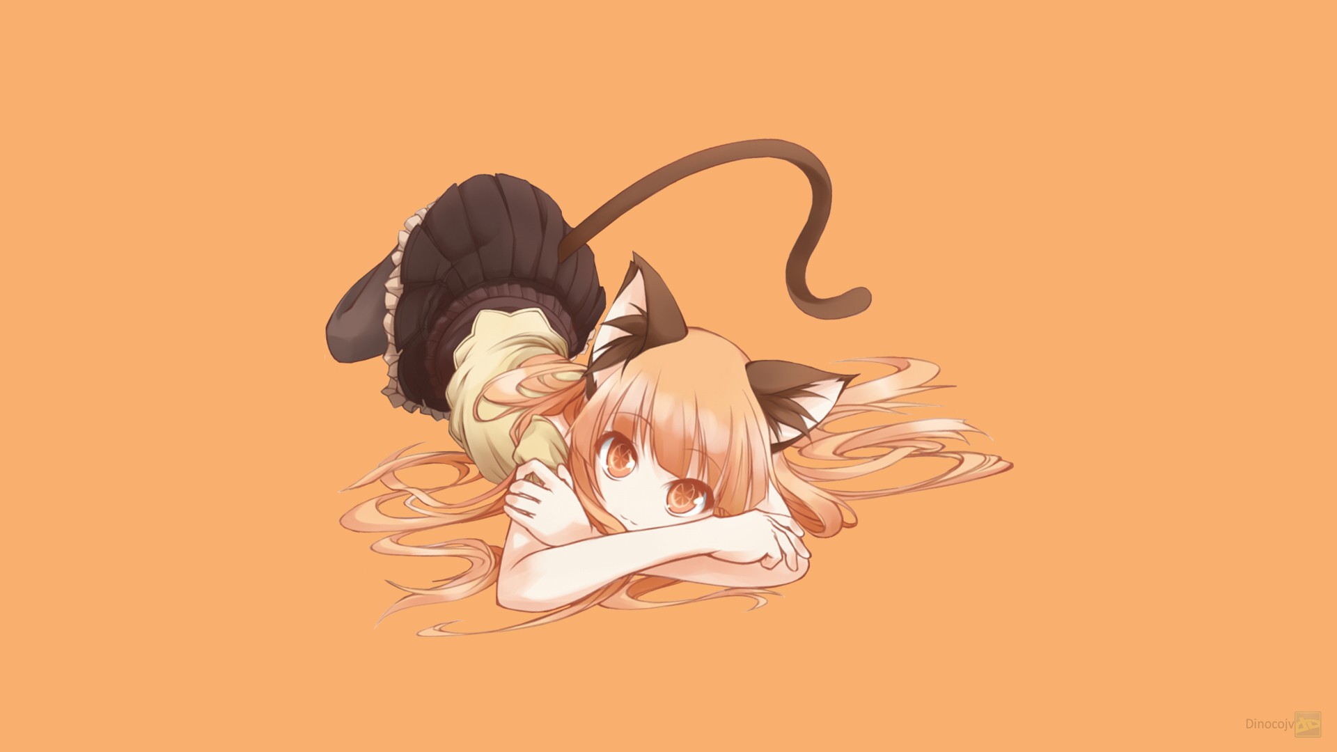 anime girls, original characters, orange background, orange, black dress, vector, nekomimi Gallery HD Wallpaper