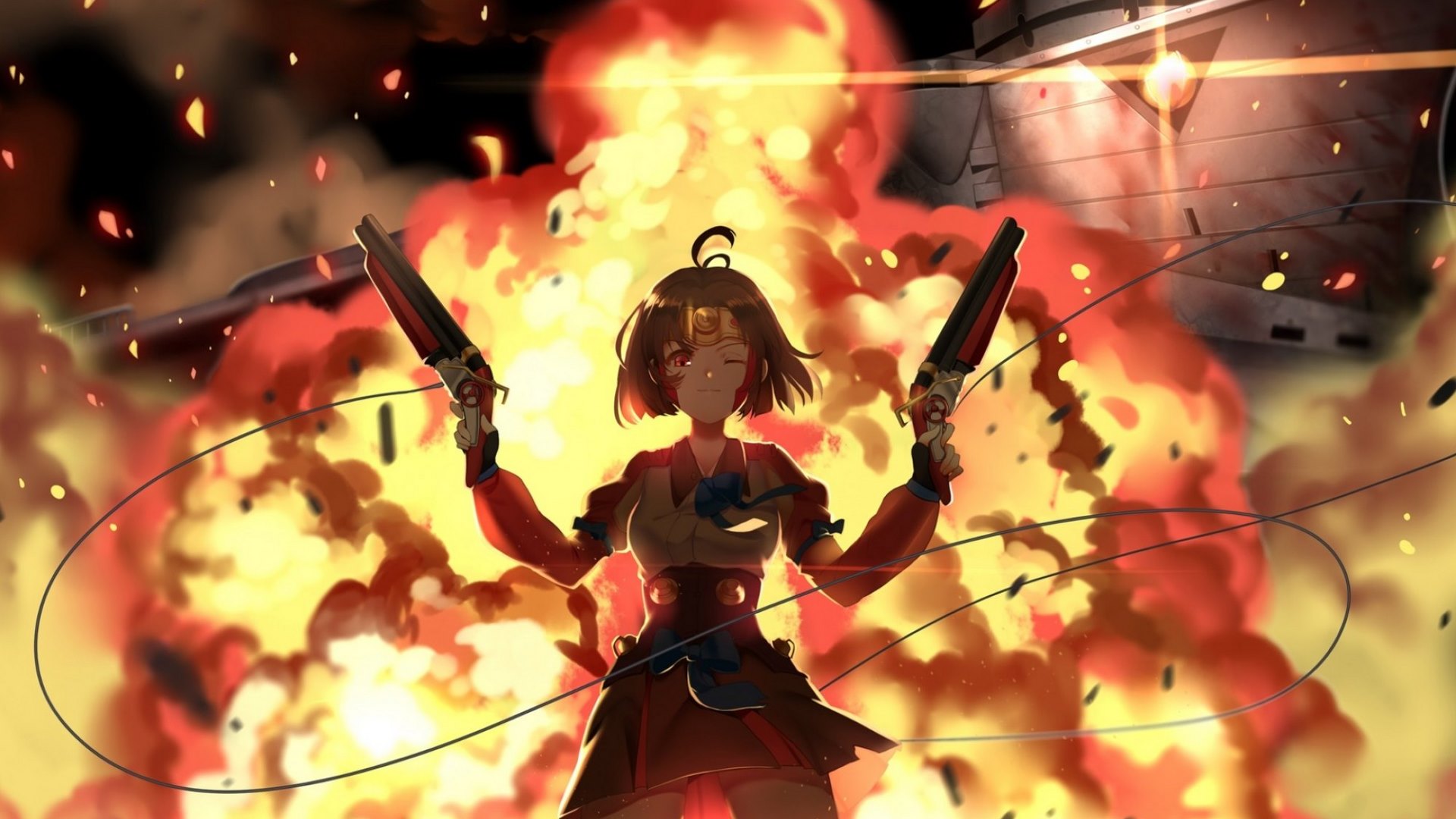 Wallpaper / red, dress, orange, beautiful, woman, guns, anime, beauty, anime girl, black hair, female, black, weapons, short hair, fire, flames, girl, lady free download