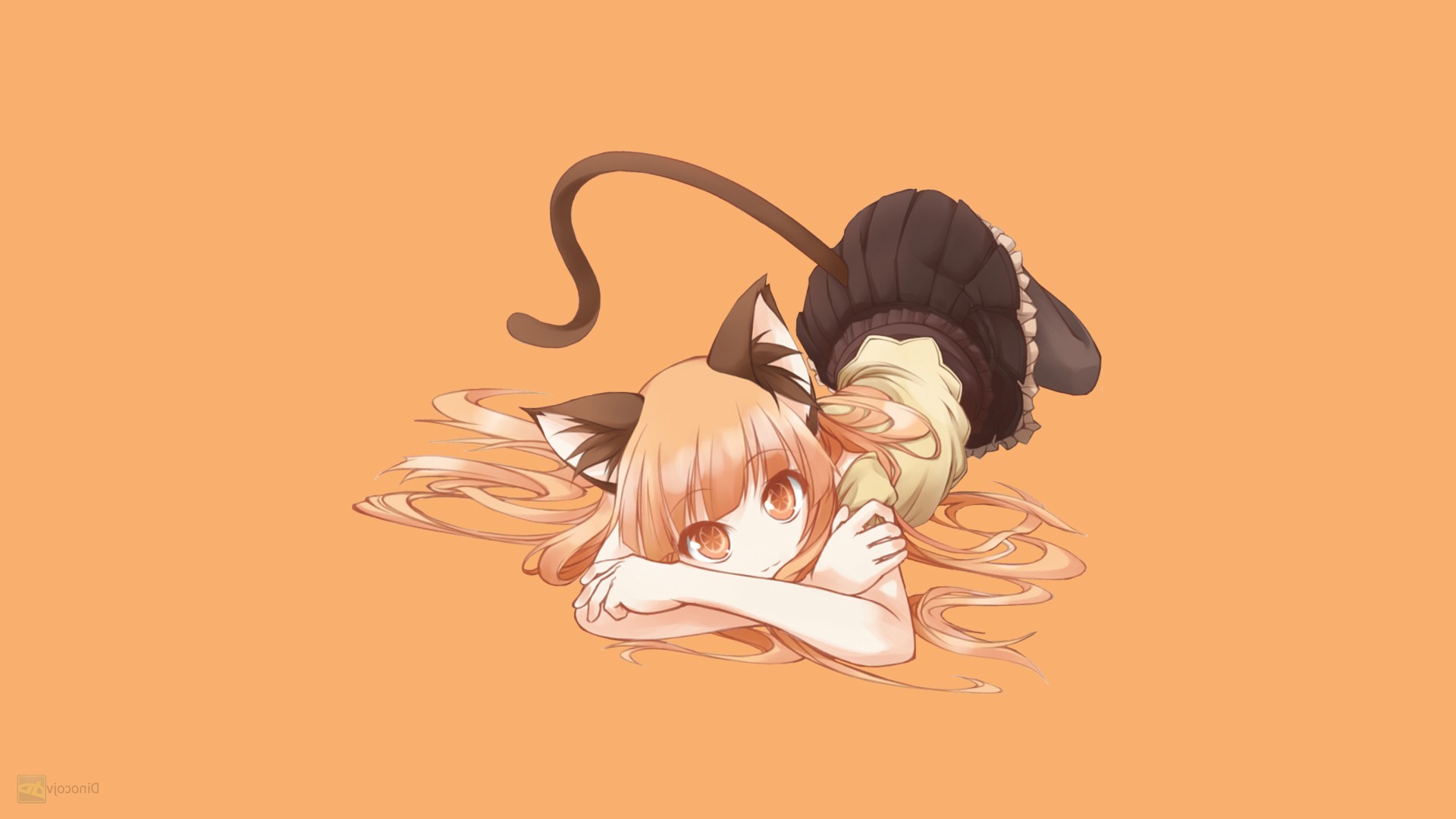 Wallpaper, illustration, nekomimi, black dress, anime, cartoon, original characters, orange background, sketch, 1920x1080 px, vectors 1920x1080
