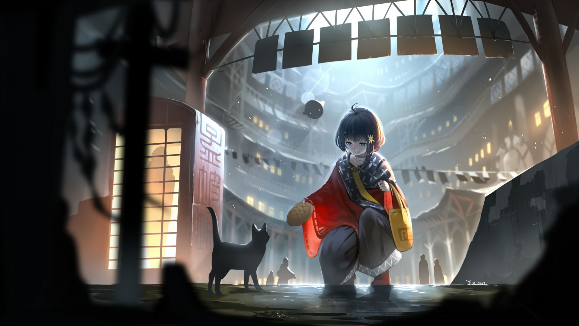 Desktop Wallpaper Original, Anime Girl, Cat, City, HD Image, Picture, Background, B454fb