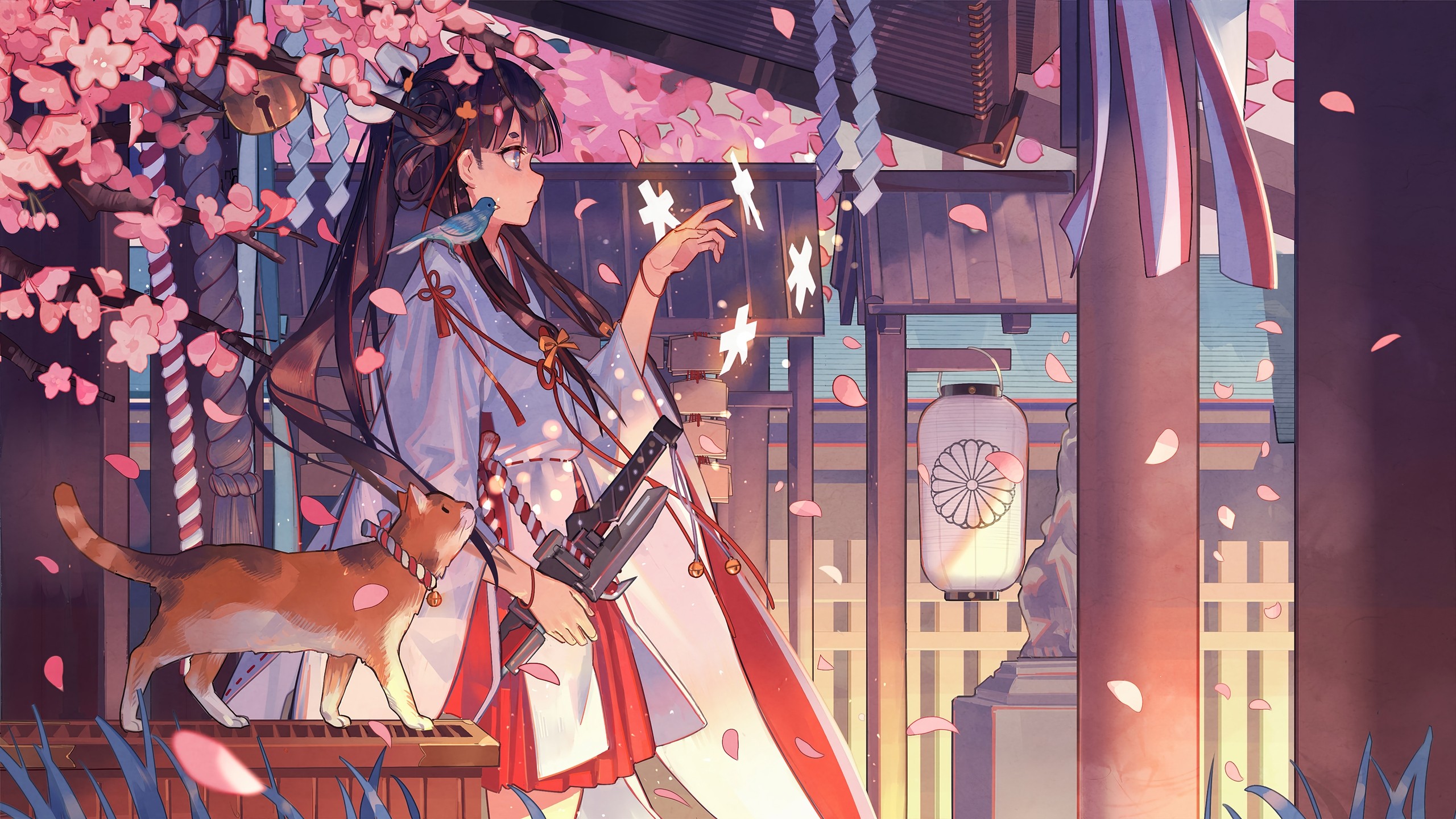 Wallpaper, anime girls, cats, birds, petals, animals, flowers 2560x1440