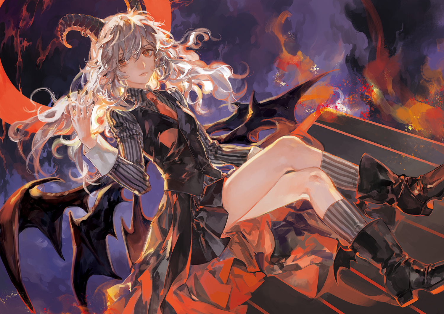 Anime Anime Girls Noir Artist Demon Horns Black Wings Blonde Long Hair Orange Eyes Black Nails Wallpaper:1500x1061