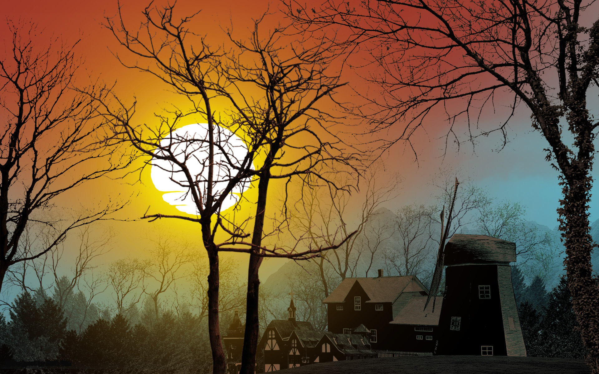 WallpaperD wallpaper. photo. picture. sunset, the village, home, evening, trees
