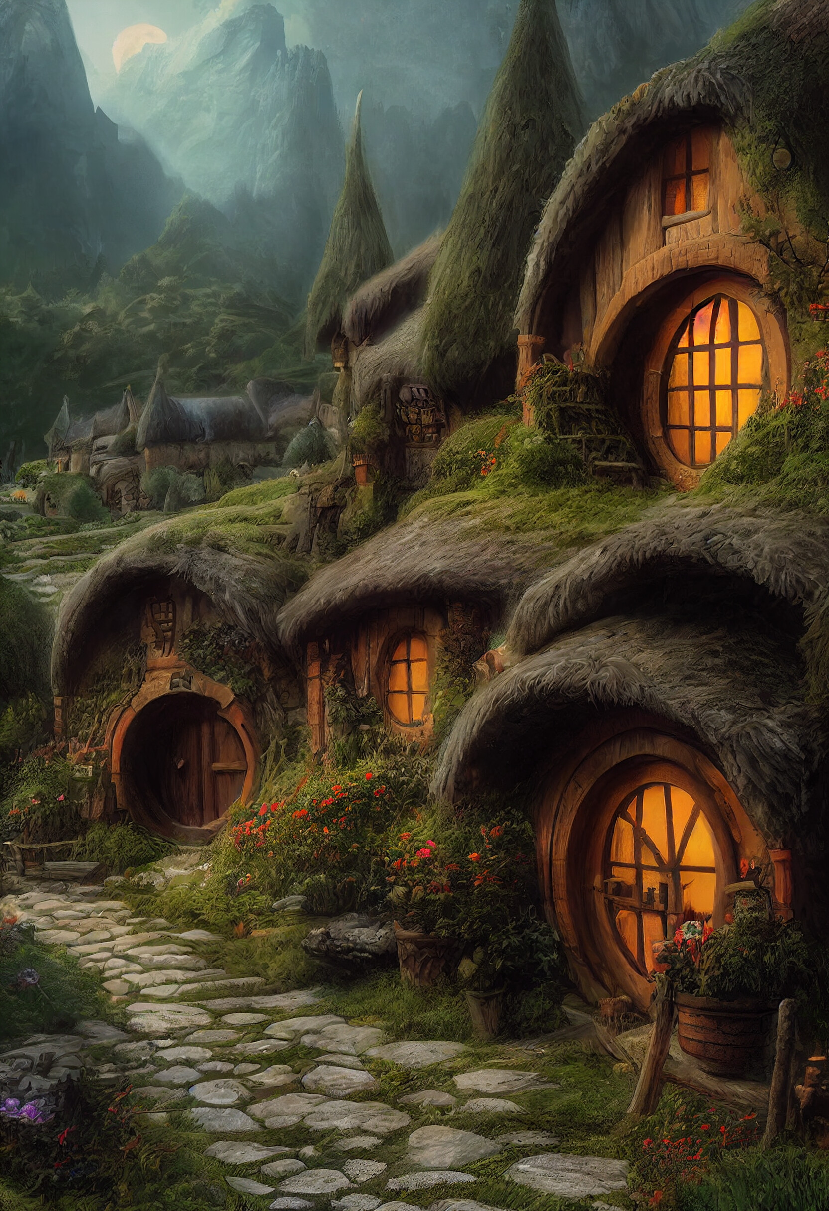 Quaint Hobbit Village Digital Wallpaper