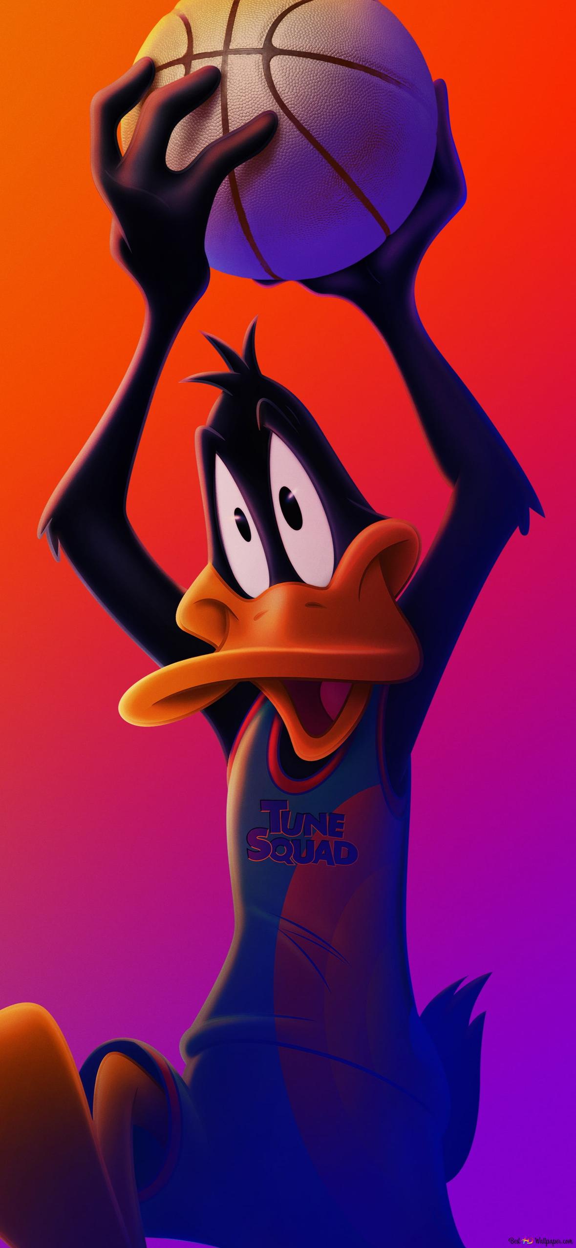 Daffy Duck cartoon character holding basketball ball looking cheerful in front of red purple background HD wallpaper download