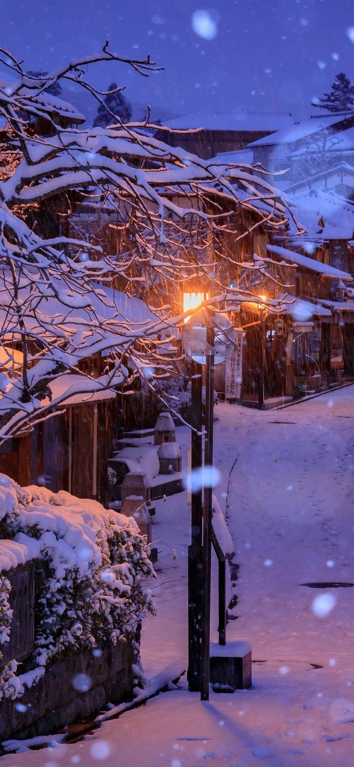 Wallpaper Japan, Kyoto, houses, snow, trees, night, lights 3840x2160 UHD 4K Picture, Image