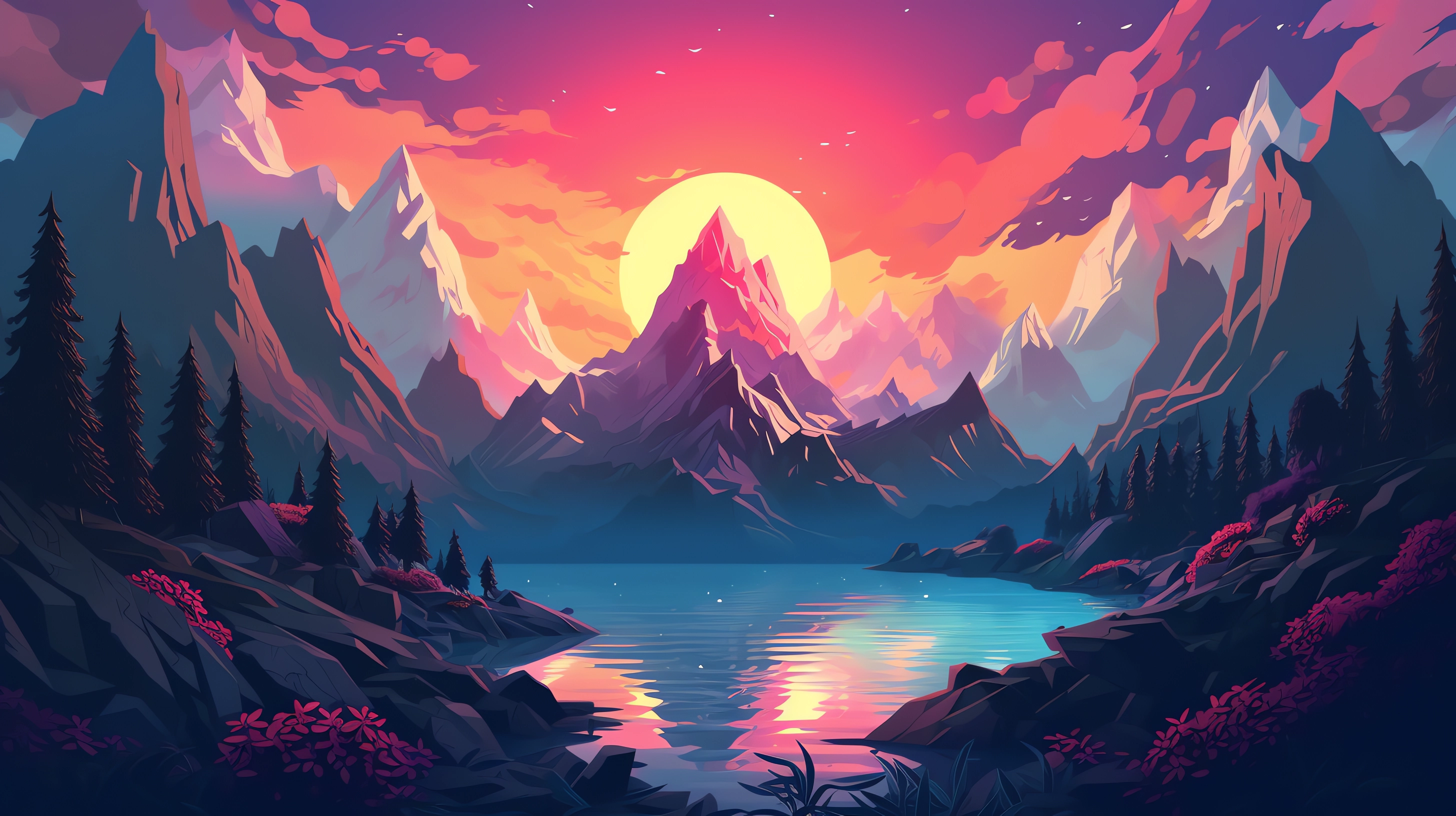 WALLPAPER 4K. VIBRANT MOUNTAIN AND FOREST SUNSET