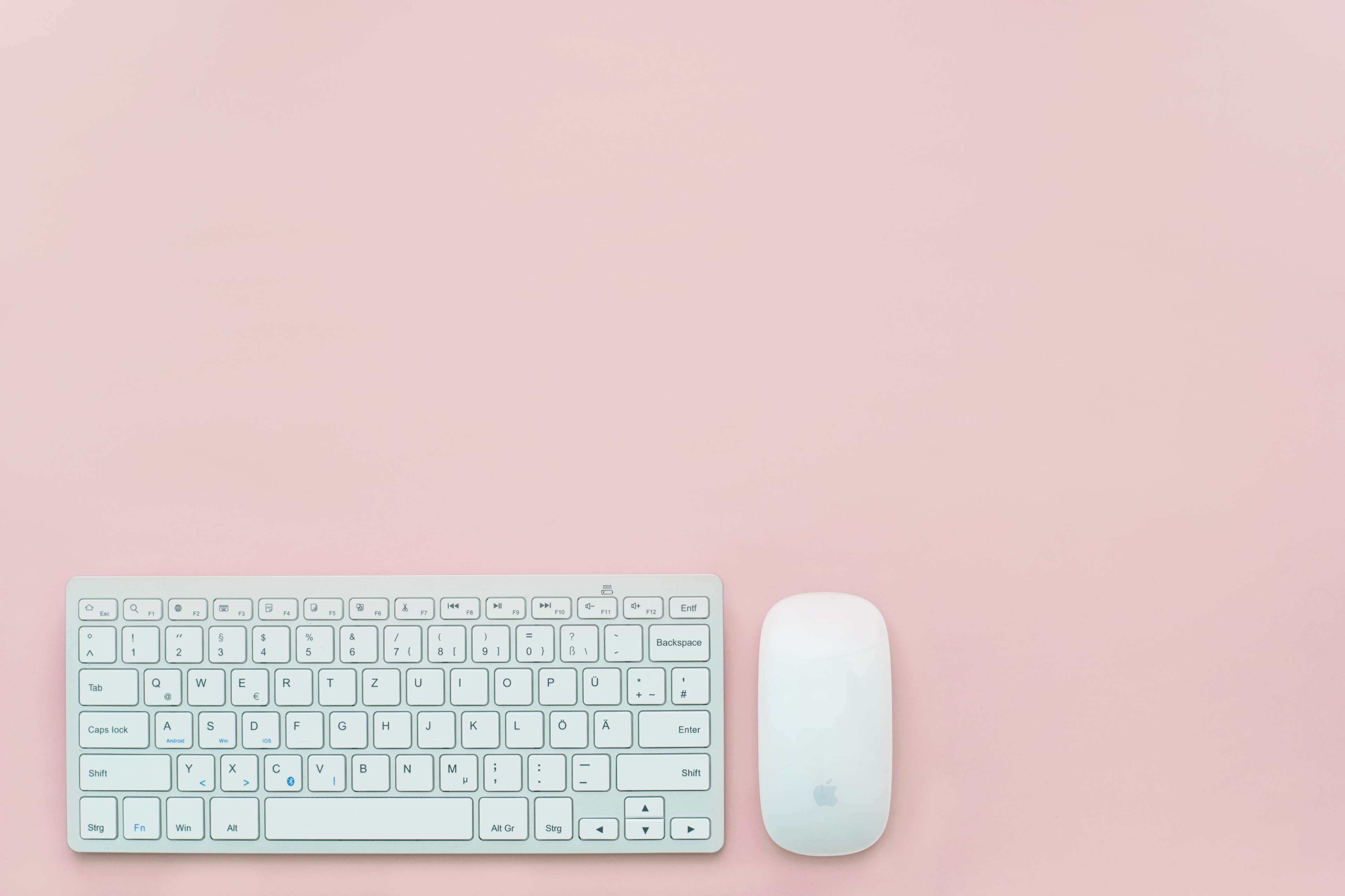 apple, background, clean, desk, feminine, flatlay, keyboard, mouse, pastel, pink 4k wallpaper