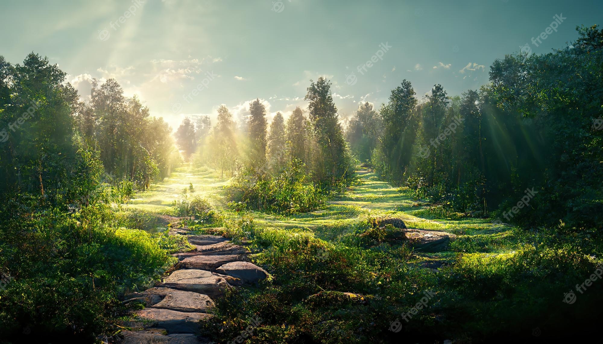 Premium Photo. Landscape of summer forest with trees and green grass and stone path under blue sky 3D illustration