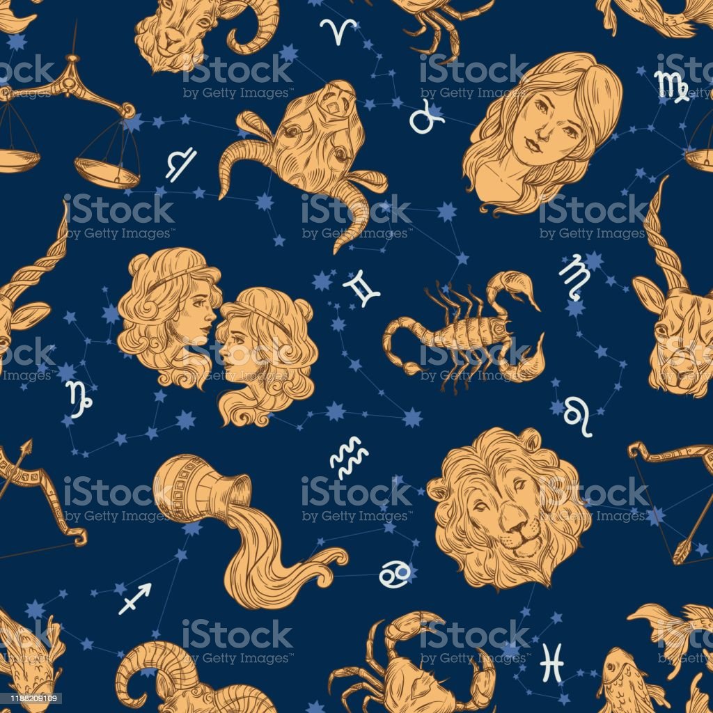 Seamless Zodiac Pattern Aries Leo And Sagittarius Constellations Cancer Scorpio And Pisces Taurus Virgo And Capricorn Gemini Libra And Aquarius Vector Illustration Stock Illustration Image Now