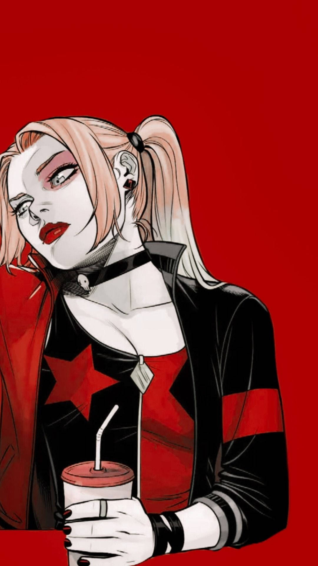 Download Harley Quinn Phone Drink In Hand Wallpaper