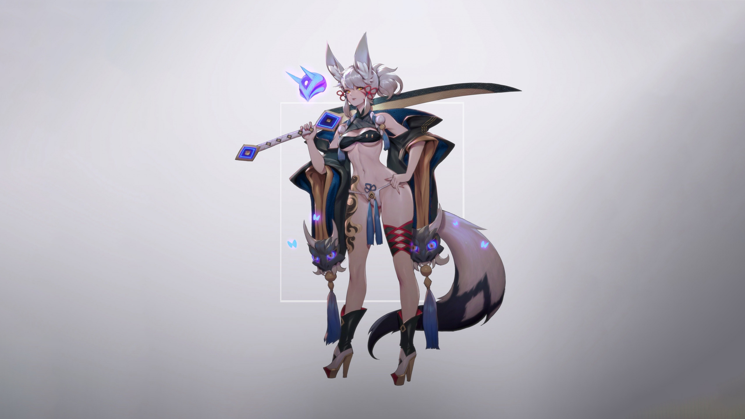 Download wallpaper Girl, Fantasy, Art, Style, Background, Illustration, Minimalism, Sword, Mai, Tail, Character, Furry, Zeronis, Mai, Shikigami, section seinen in resolution 2560x1440