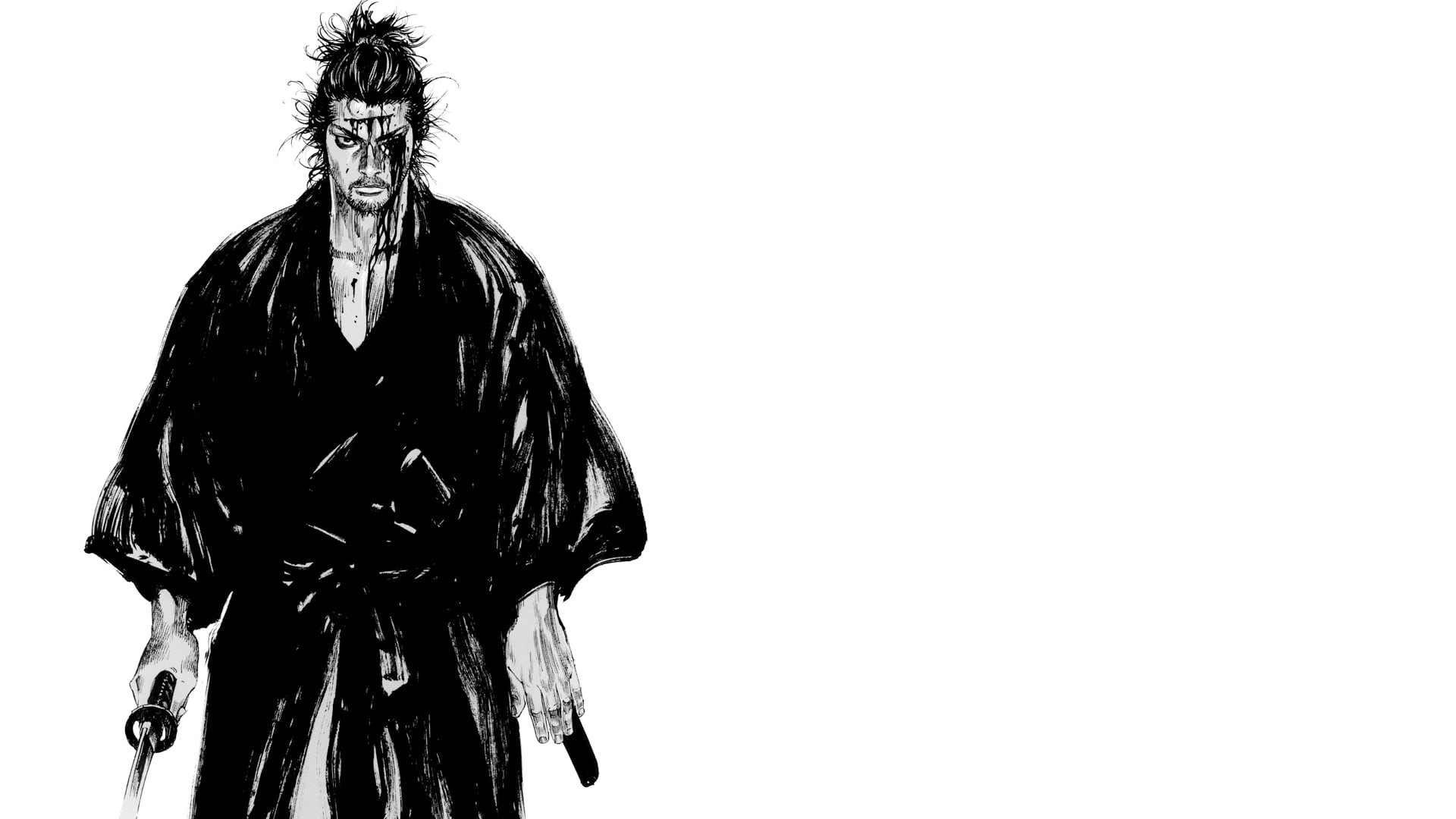 Wallpaper / Japan, simple background, katana, Miyamoto Musashi, samurai, monochrome, manga, 1080P, Vagabond, kimono free download
