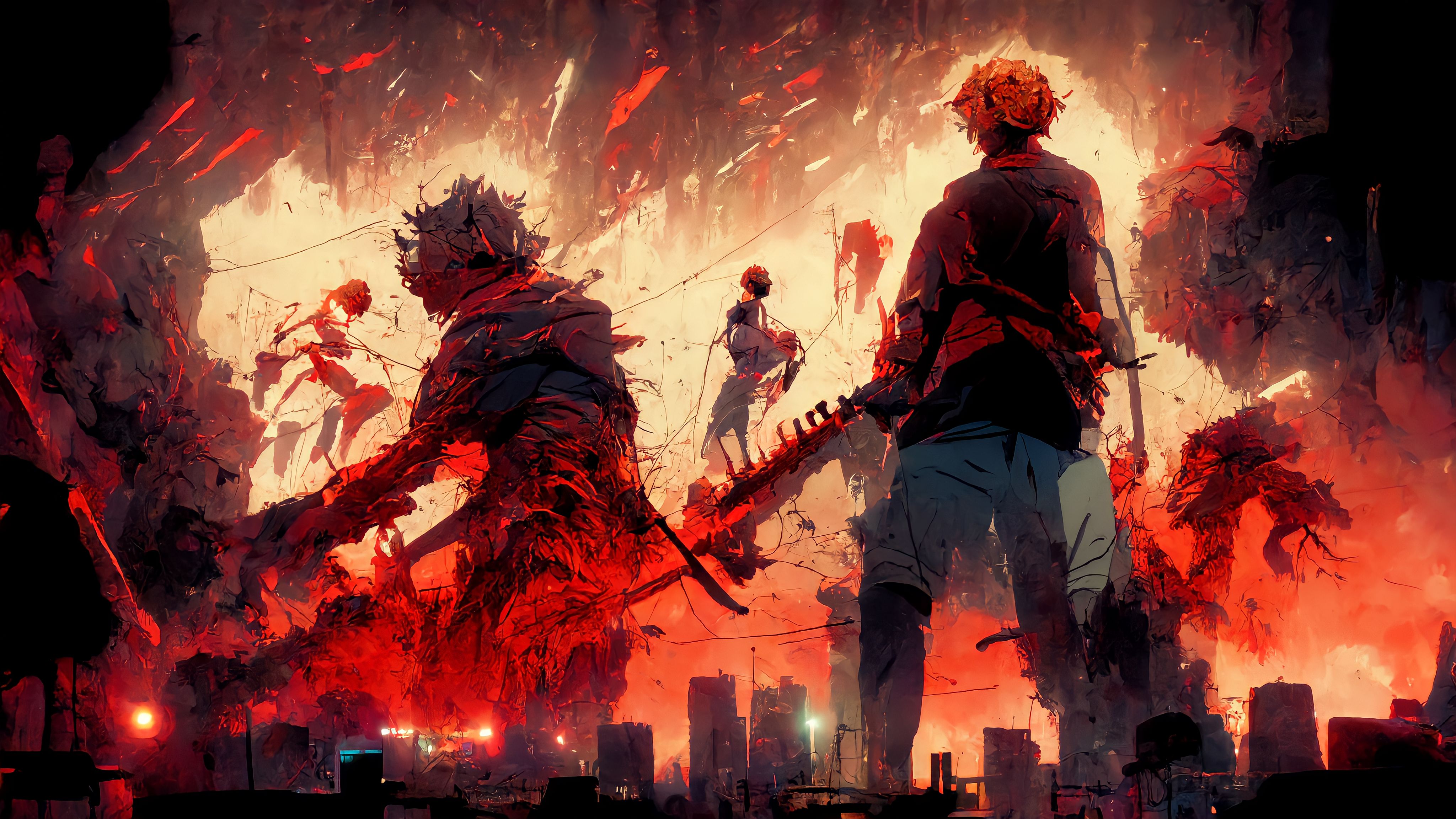 Anime City Anime Chainsaw Man Chainsaw Demons Fighting Epic Scene Red Background IA Art Anime Boys Wallpaper:4096x2304