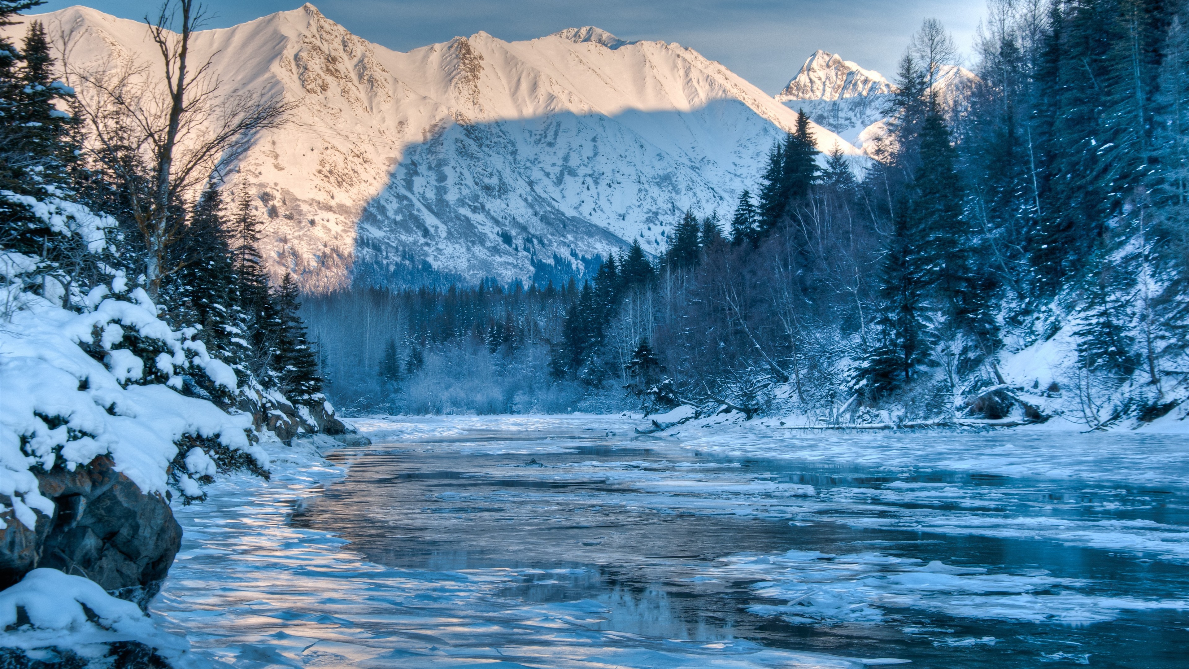 Wallpaper Alaska, winter, mountains, river, forest, snow 3840x2160 UHD 4K Picture, Image