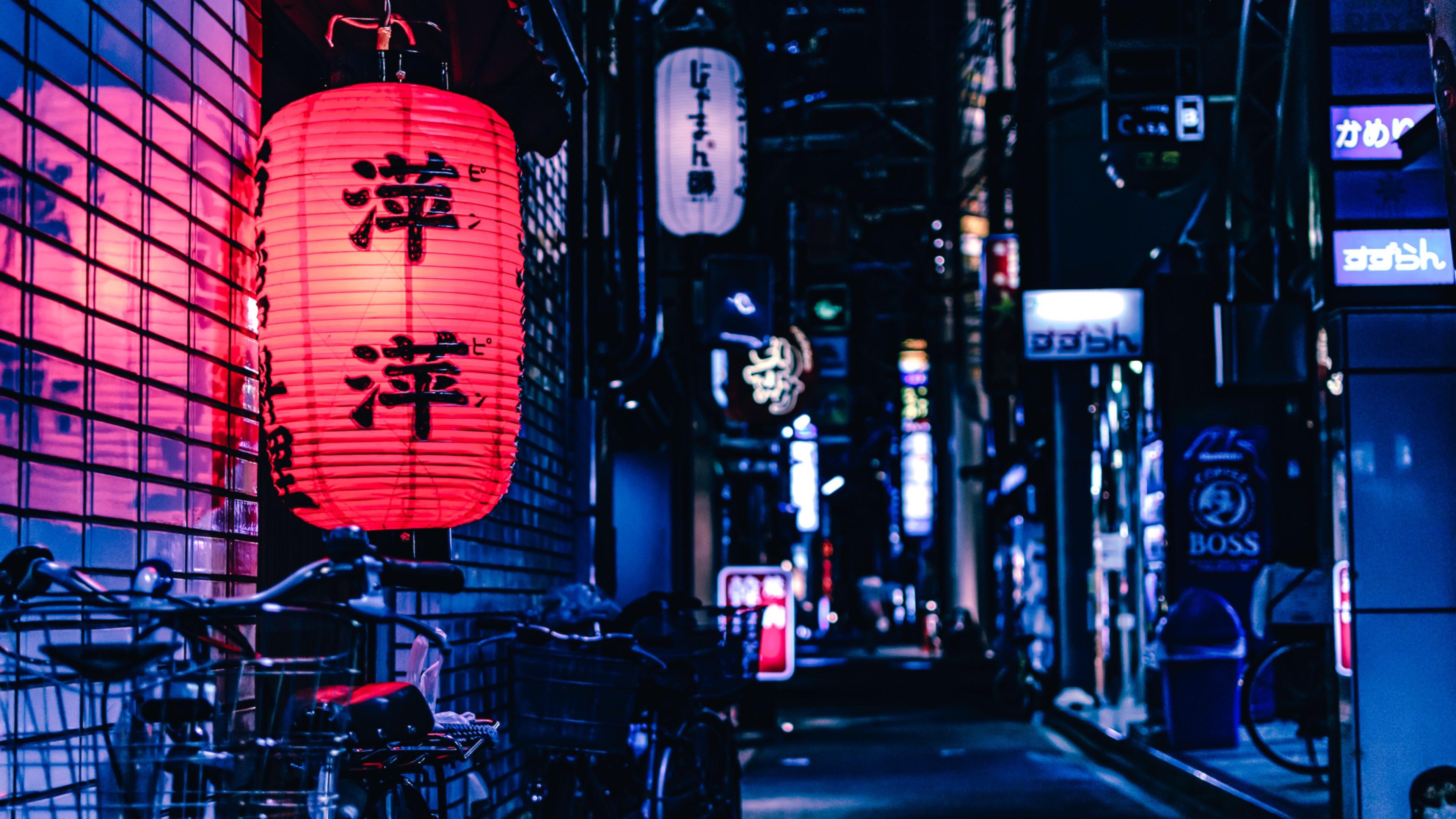 4K, blue, photography, bycicle, shop, red, street, night, Japan, contrast, midnight Gallery HD Wallpaper