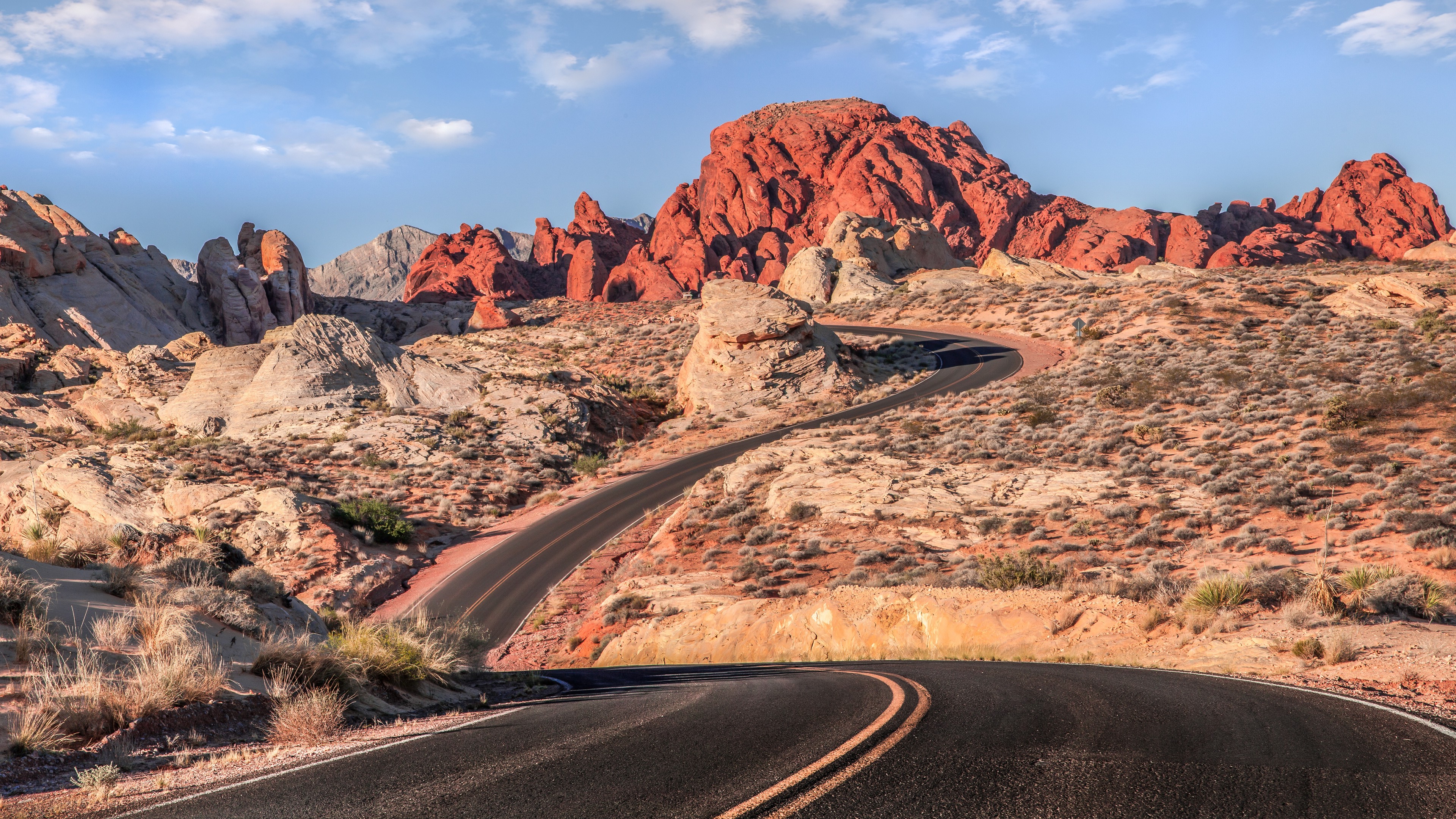 Wallpaper, 3840x2160 px, clouds, desert, landscape, mountain, nature, Nevada, road, rock formation, shadow, USA, Valley of Fire State Park, warm colors 3840x2160