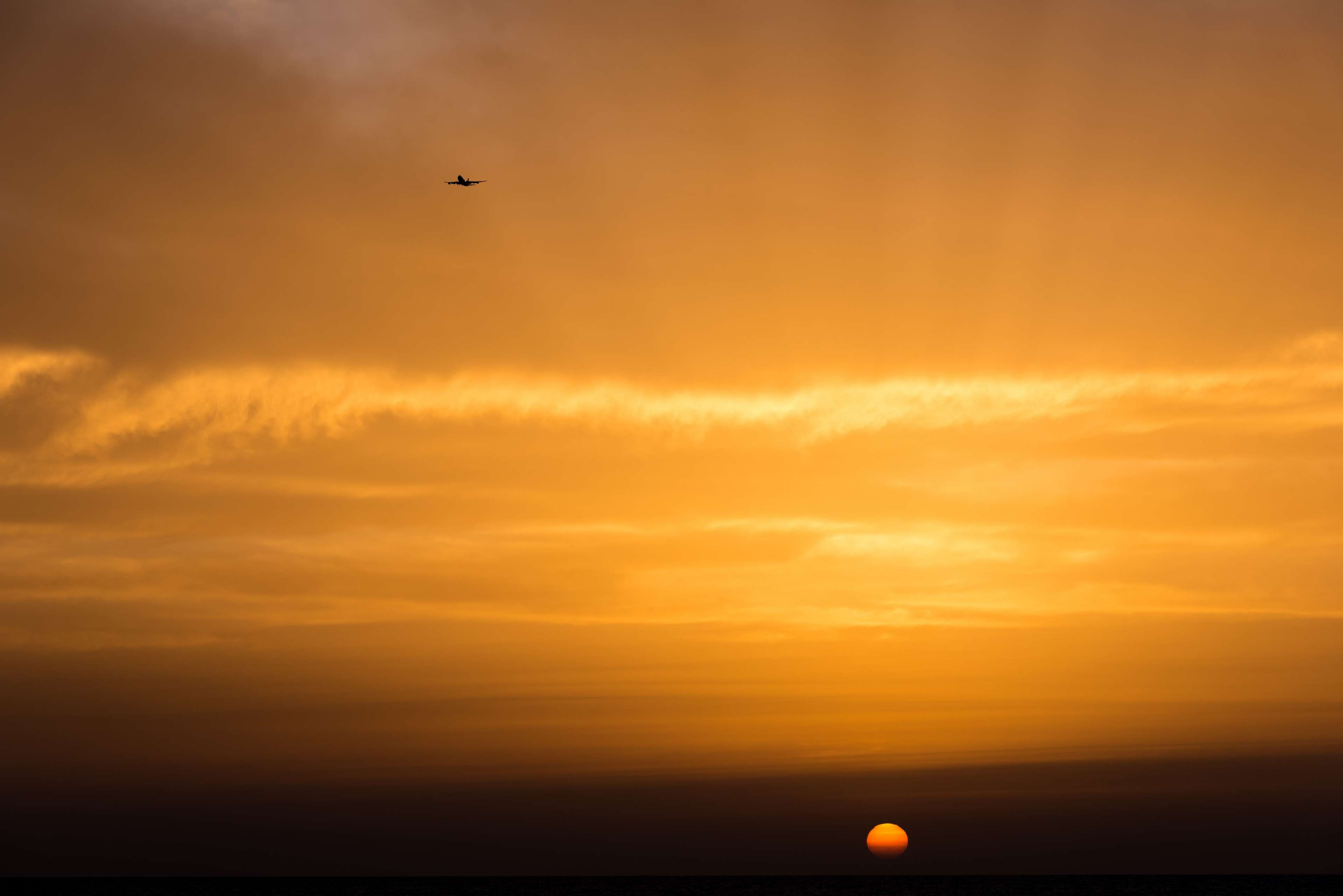 airplane, calm, clouds, orange, sky, sunset, travel, warm 4k Gallery HD Wallpaper
