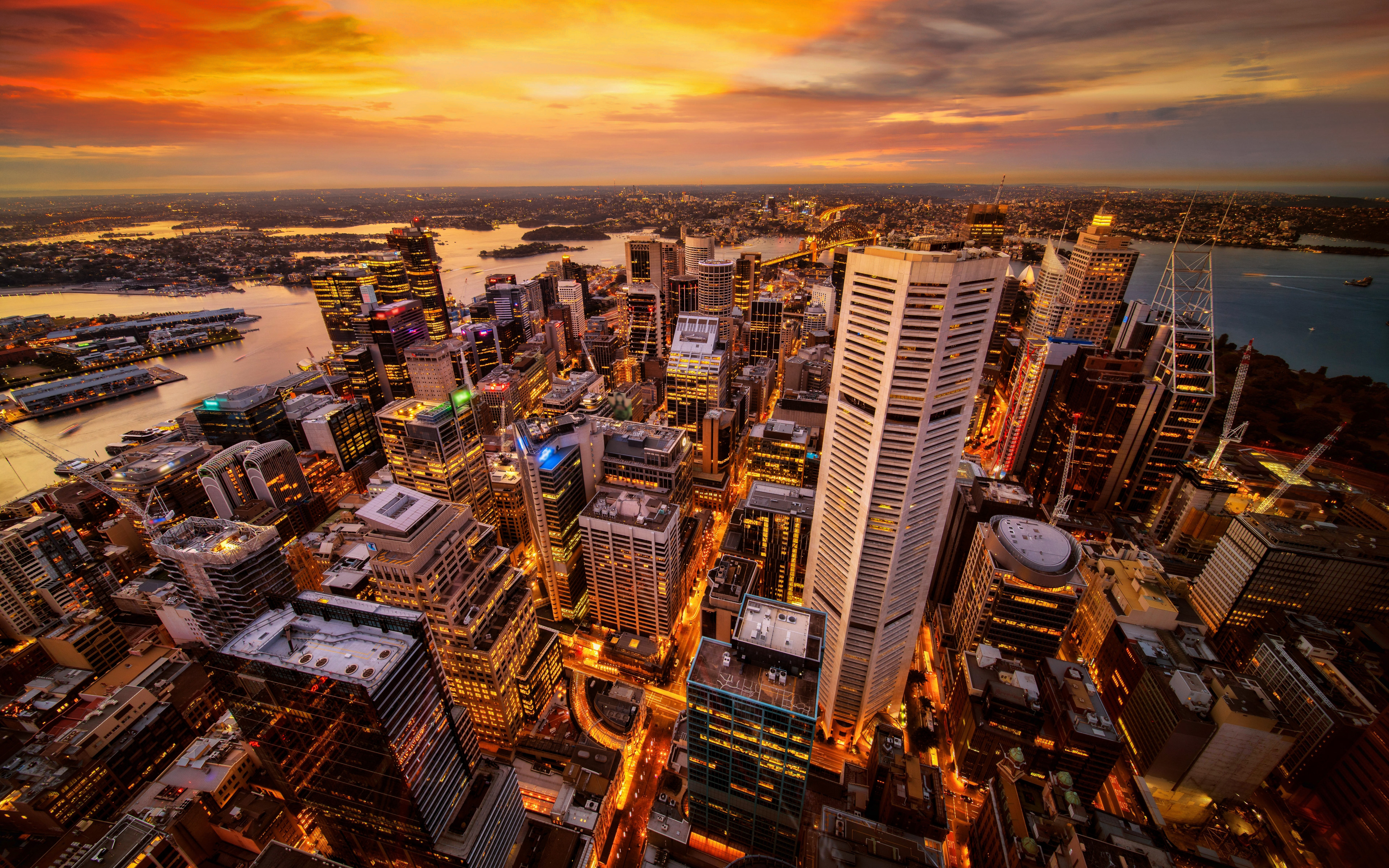 Download wallpaper 4k, Sydney, sunset, modern buildings, panorama, Australia, Sydney at sunset for desktop with resolution 3840x2400. High Quality HD picture wallpaper
