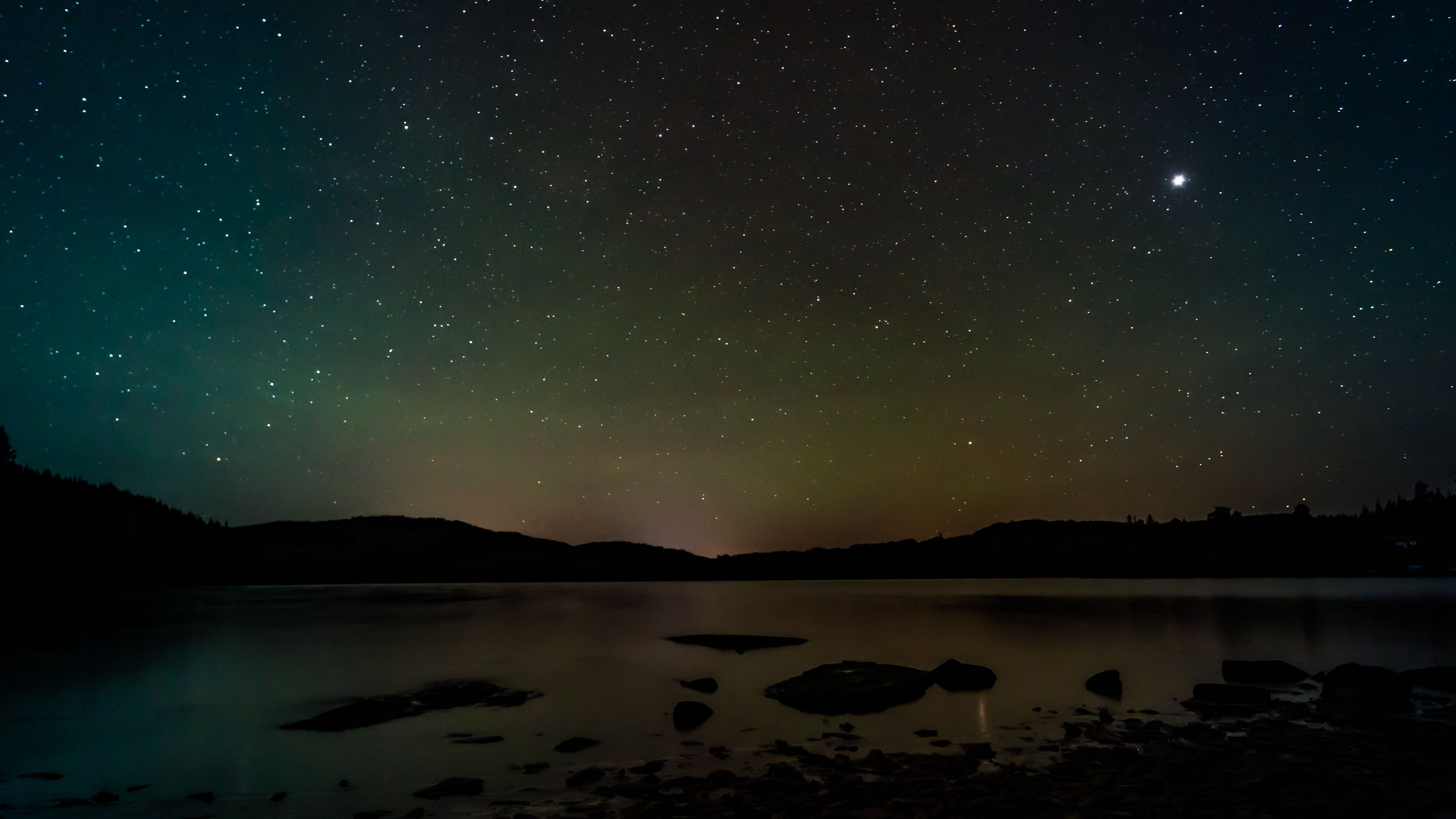 Download wallpaper 3840x2160 river, hills, starry sky, night, nature 4k uhd 16:9 HD background