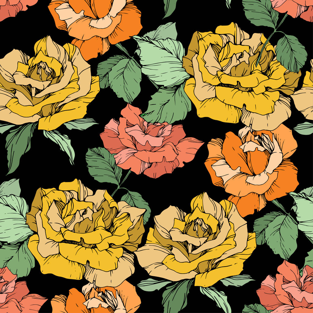 Orange, Yellow And Coral Roses. Engraved Ink Free Stock Vector Graphic Image