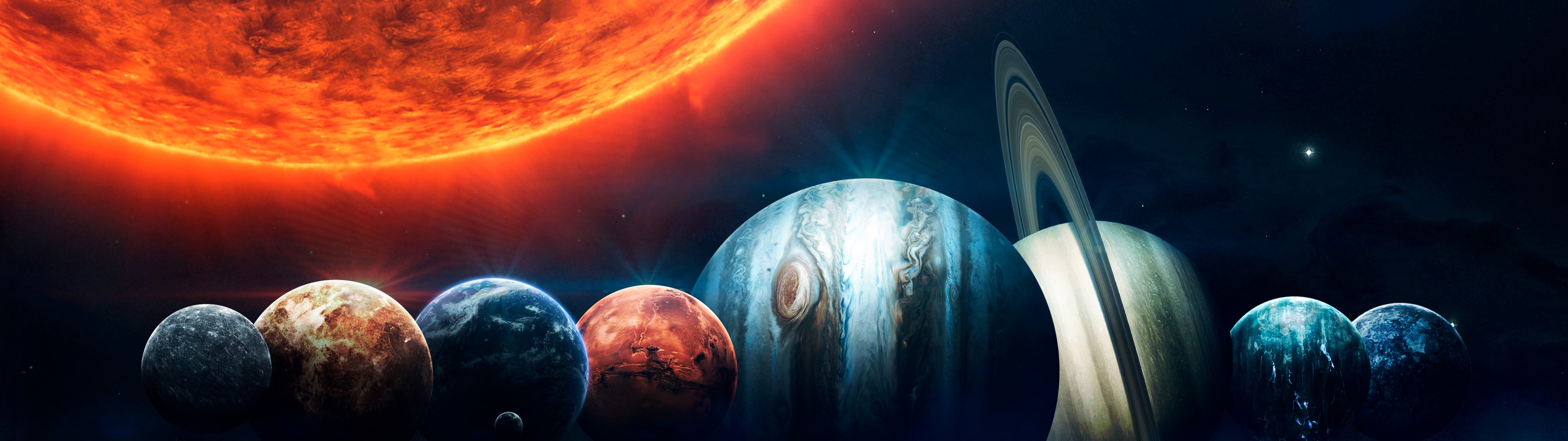 Solar system Wallpaper 4K, Planets, Sun, Orange, Stars