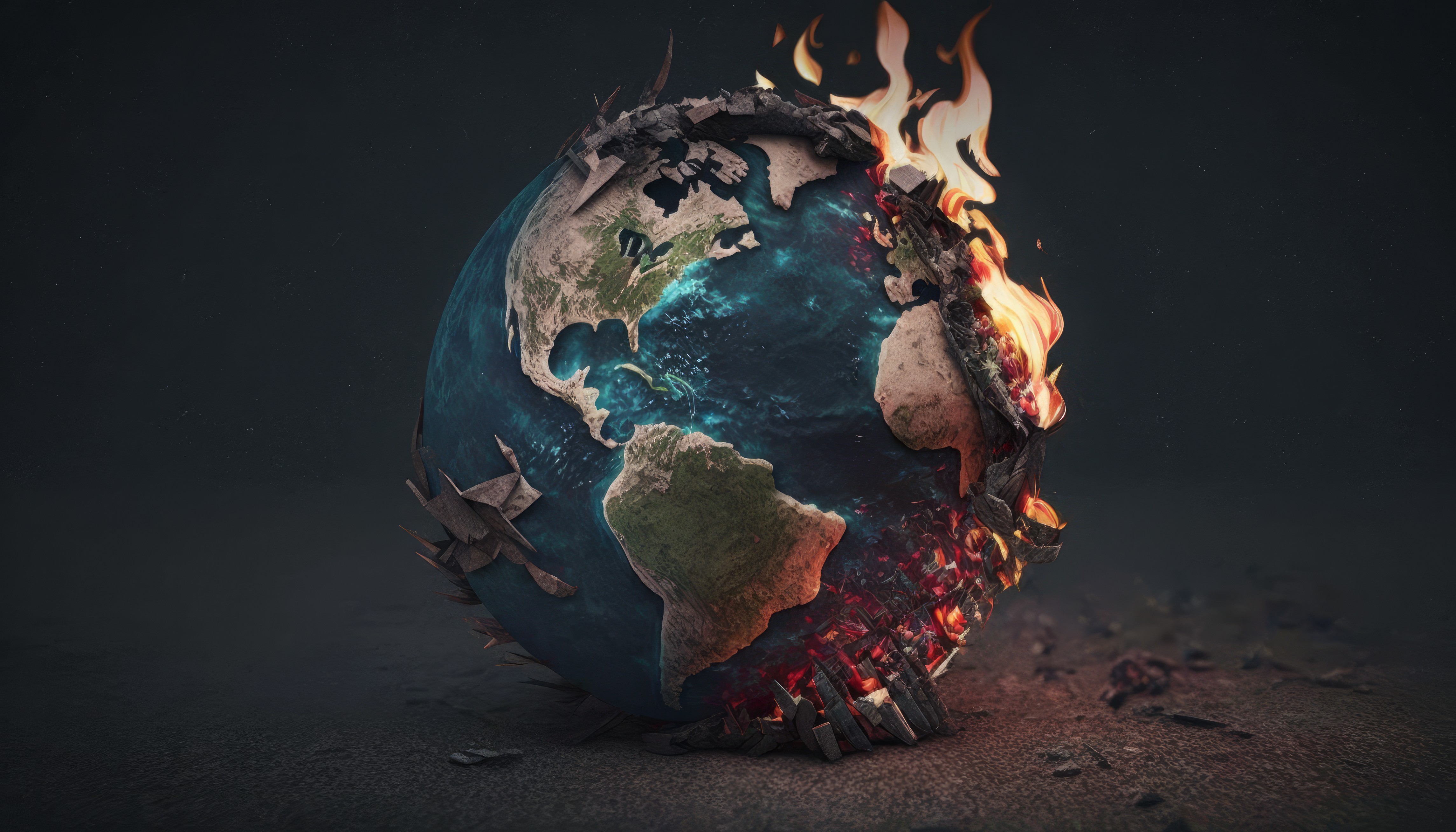 AI art, illustration, Earth, burning, fire, global warming, simple backgroundx2616 Wallpaper