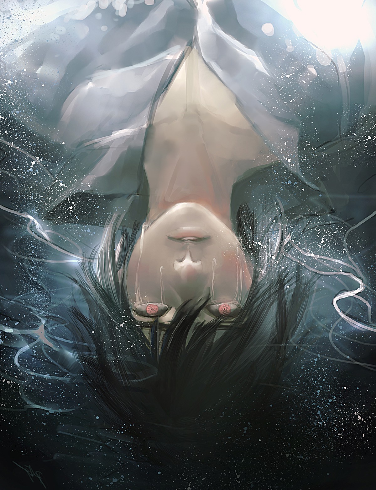 Wallpaper, face, portrait, anime boys, water, sky, Naruto Shippuuden, underwater, Uchiha Sasuke, crying, emotion, upside down, head, Eternal Mangekyou Sharingan, girl, beauty, darkness, computer wallpaper, special effects, jaw, phenomenon, 1200x1560 px