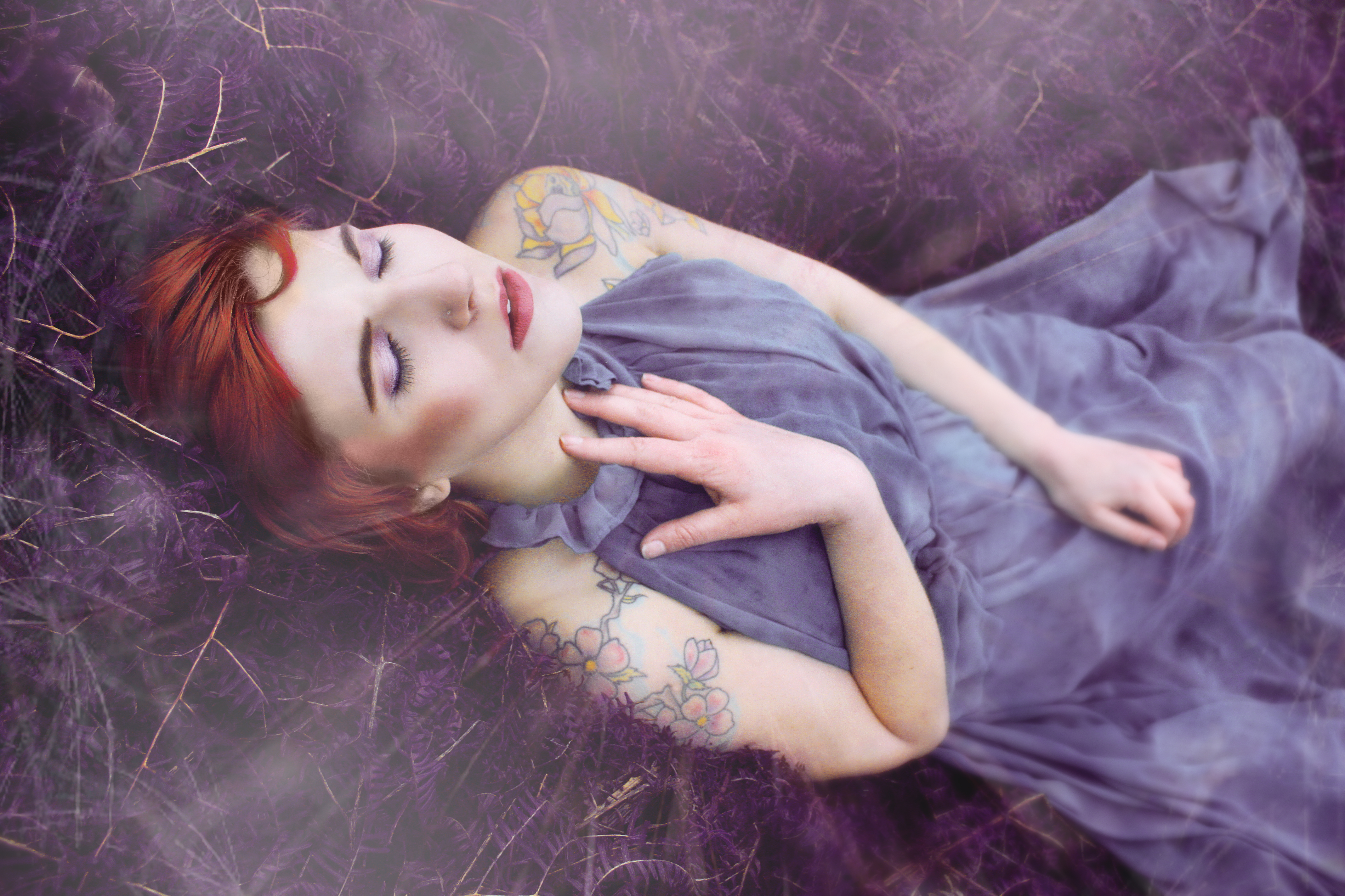 Wallpaper, light, red, beautiful, beauty, tattoo, fairytale, purple, emotion, head, down, expressive, cheekbones, lying 4272x2848