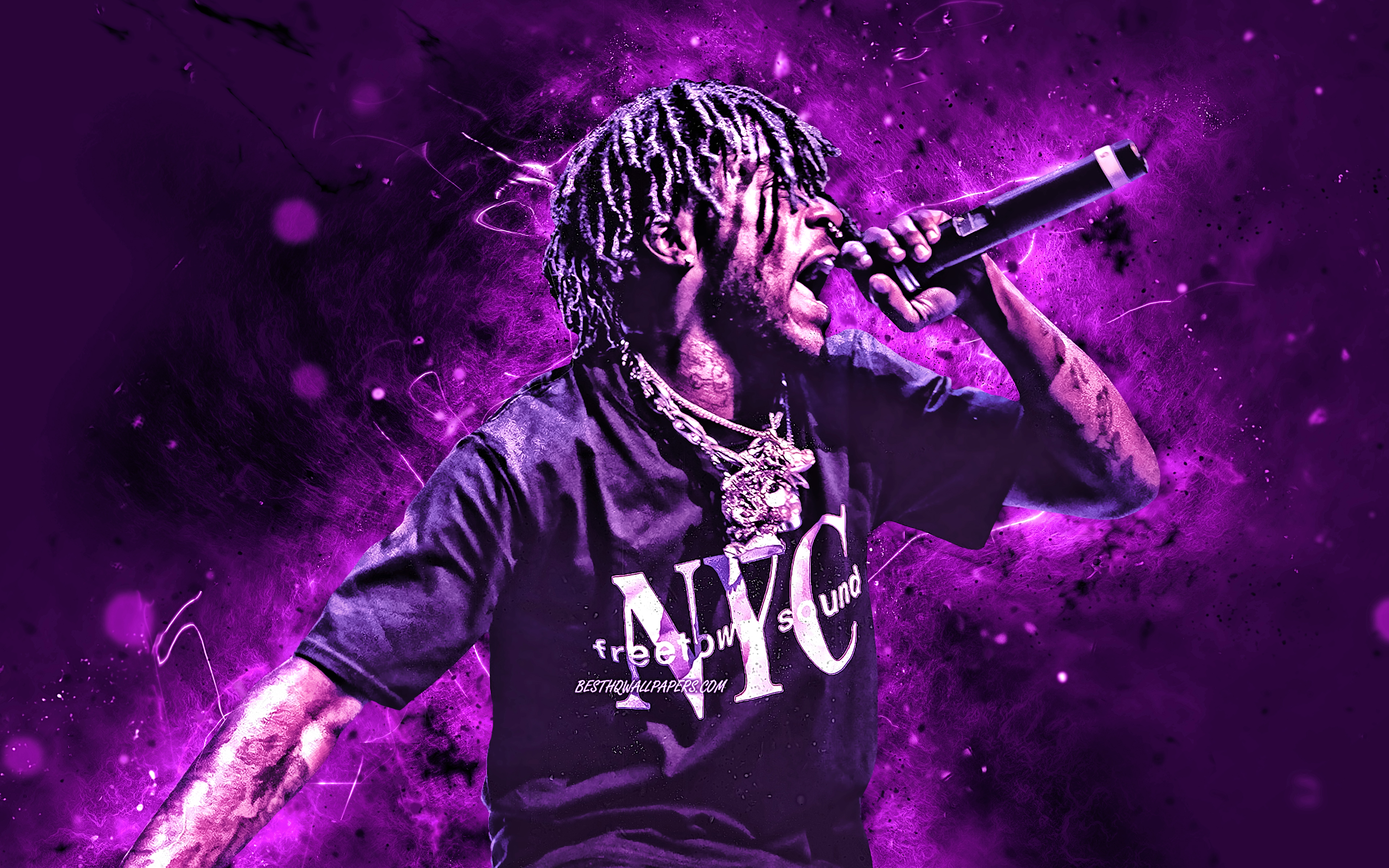 Download wallpaper Lil Uzi Vert, 4k, american rapper, music stars, concert, Symere Woods, american celebrity, Lil Uzi Vert with microphone, violet neon lights, creative, Lil Uzi Vert 4K for desktop with resolution