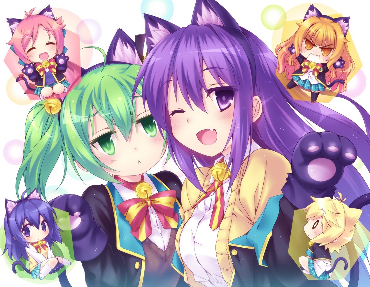 illustration, anime, anime girls, animal ears, artwork, neko loli, GJ bu, Shion Sumeragi, Amatsuka Mao, Kirara Bernstein, Amatsuka Megumi, Kannazuki Tamaki, neko ears, mangaka Gallery HD Wallpaper