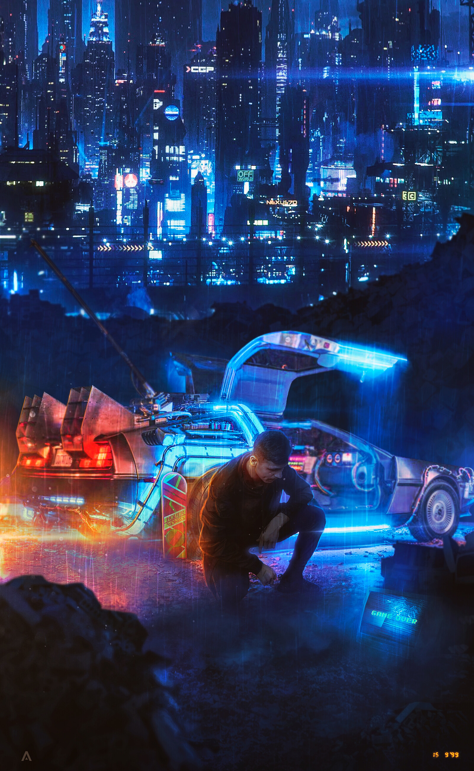 Mobile wallpaper: Cyberpunk, City, Miscellaneous, Machine, Person, Neon, Human, Car, Miscellanea, 156546 download the picture for free