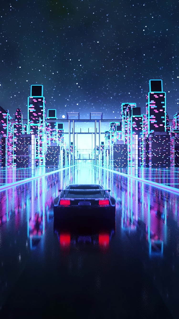 Download wallpaper 750x1334 cyberpunk, outrun, vaporwave, car on road, art, iphone 7, iphone 8, 750x1334 HD background, 24495