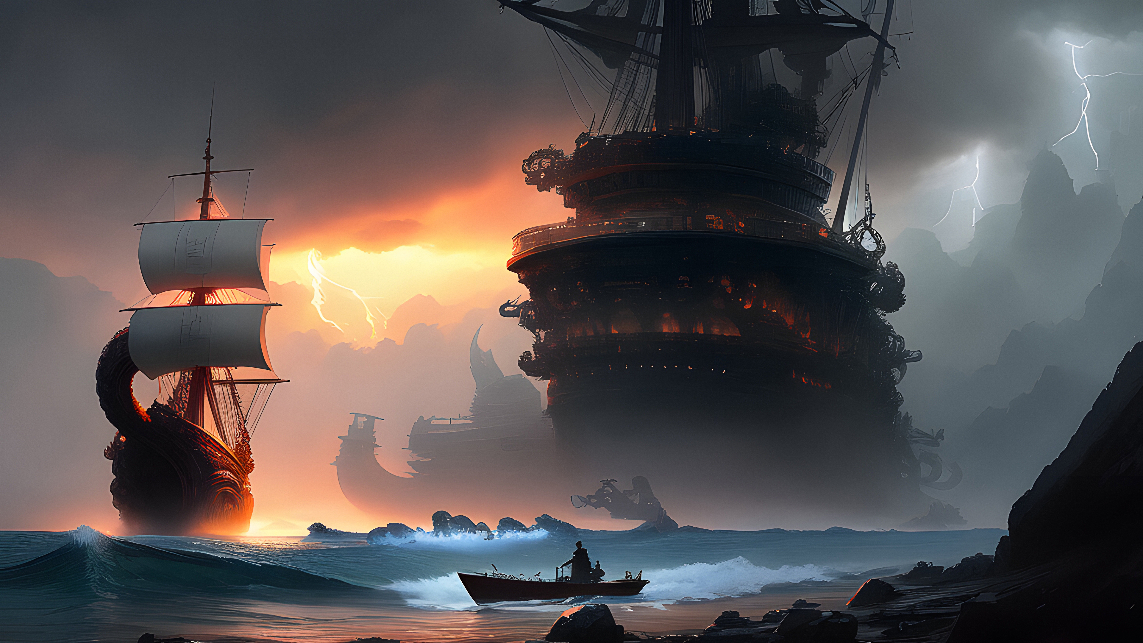 Wallpaper, Stable Diffusion, 4k, ai art, ship, ocean battle, creature, digital art, illustration, water 3840x2160