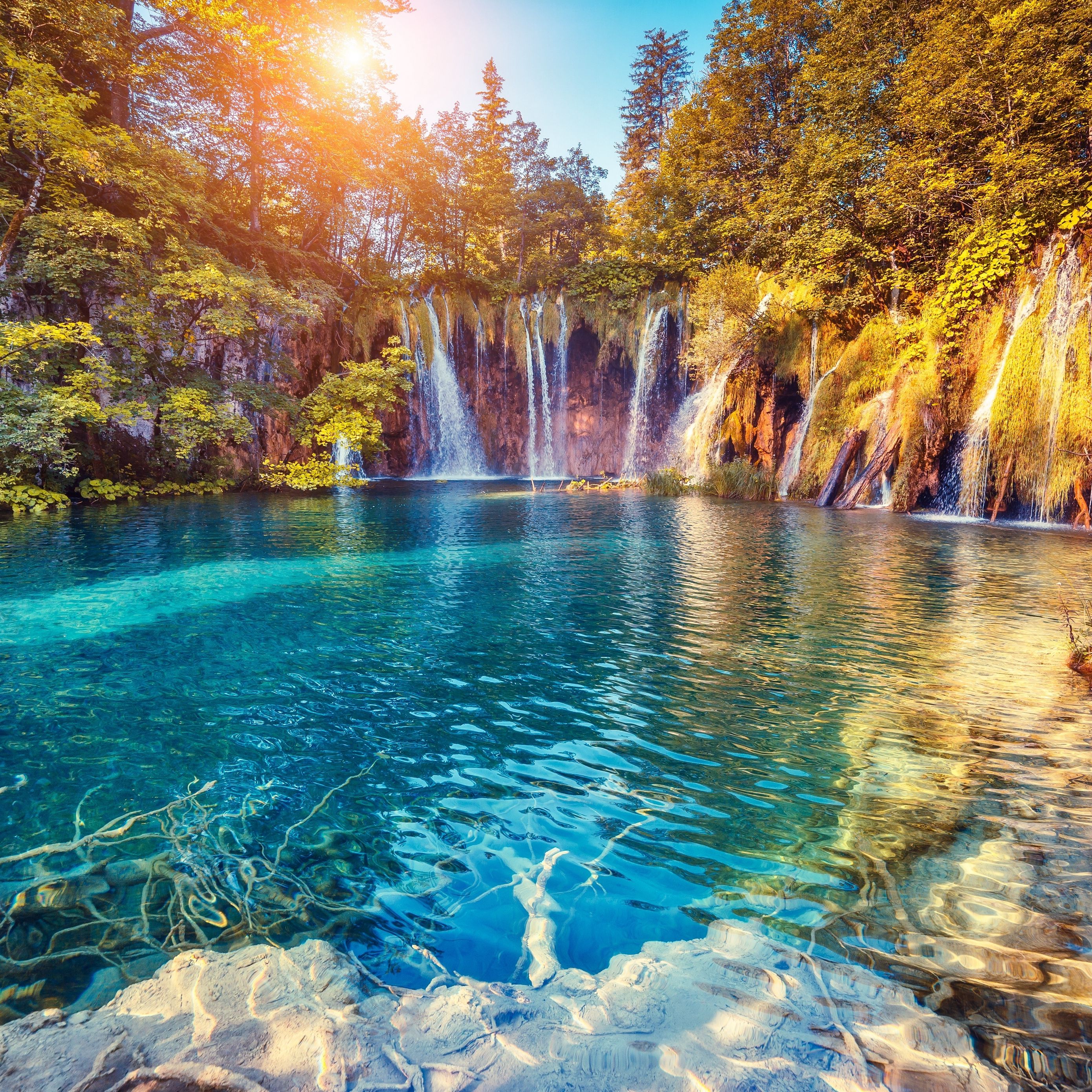 Download wallpaper 2780x2780 waterfall, precipice, sunlight, summer, bright, trees ipad air, ipad air 2, ipad 3, ipad 4, ipad mini 2, ipad mini 3, ipad mini 4, ipad pro 9.7 for parallax HD background